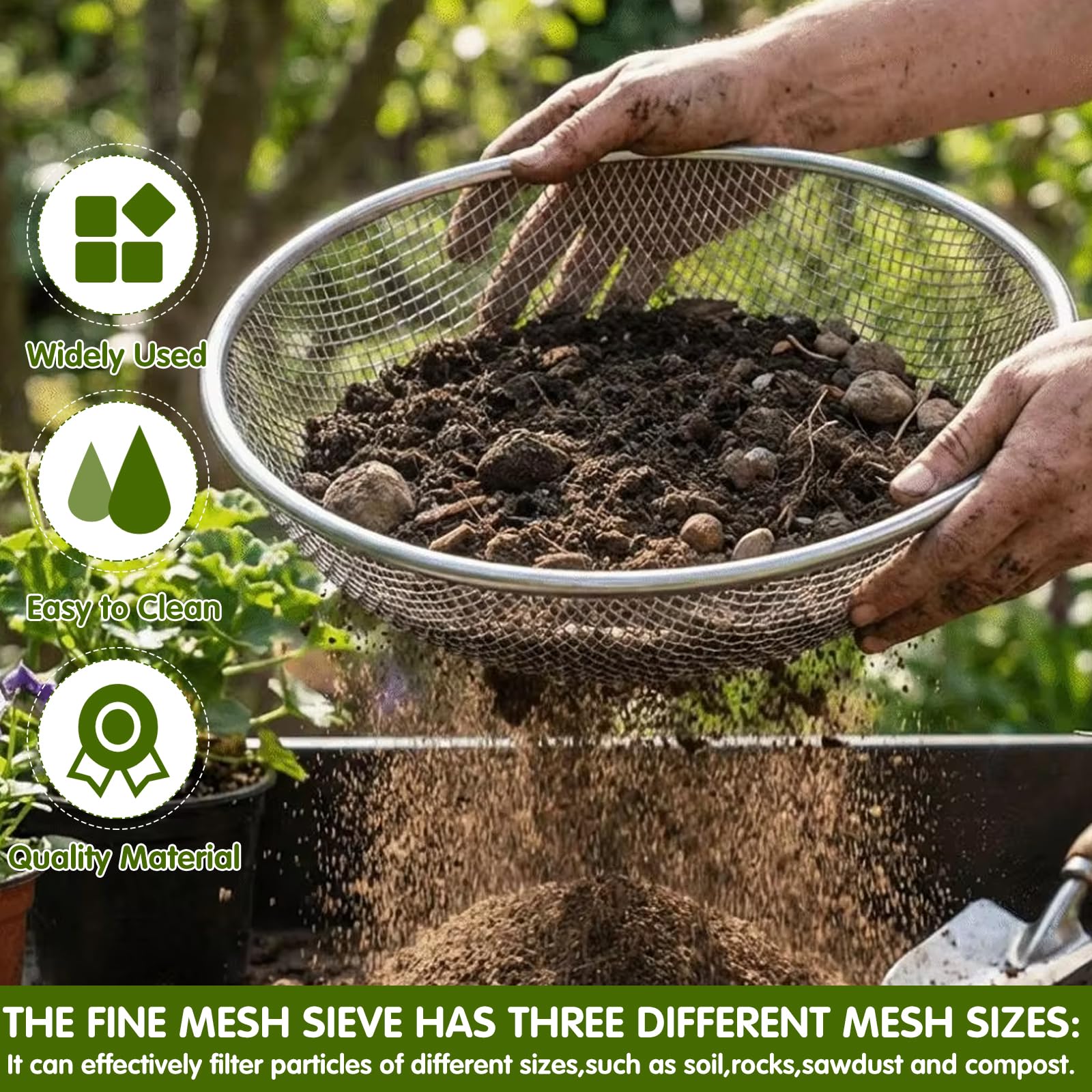 3er-Set Gartensieb rund Ø 30 cm, Metall Kompostsieb Garten Sandsieb für die Gartenarbeit – Sieb für Steine, Erde und organisches Material, 3mm/ 6mm/10mm Masche Sieb, passend für 5-Gallonen-Eimer