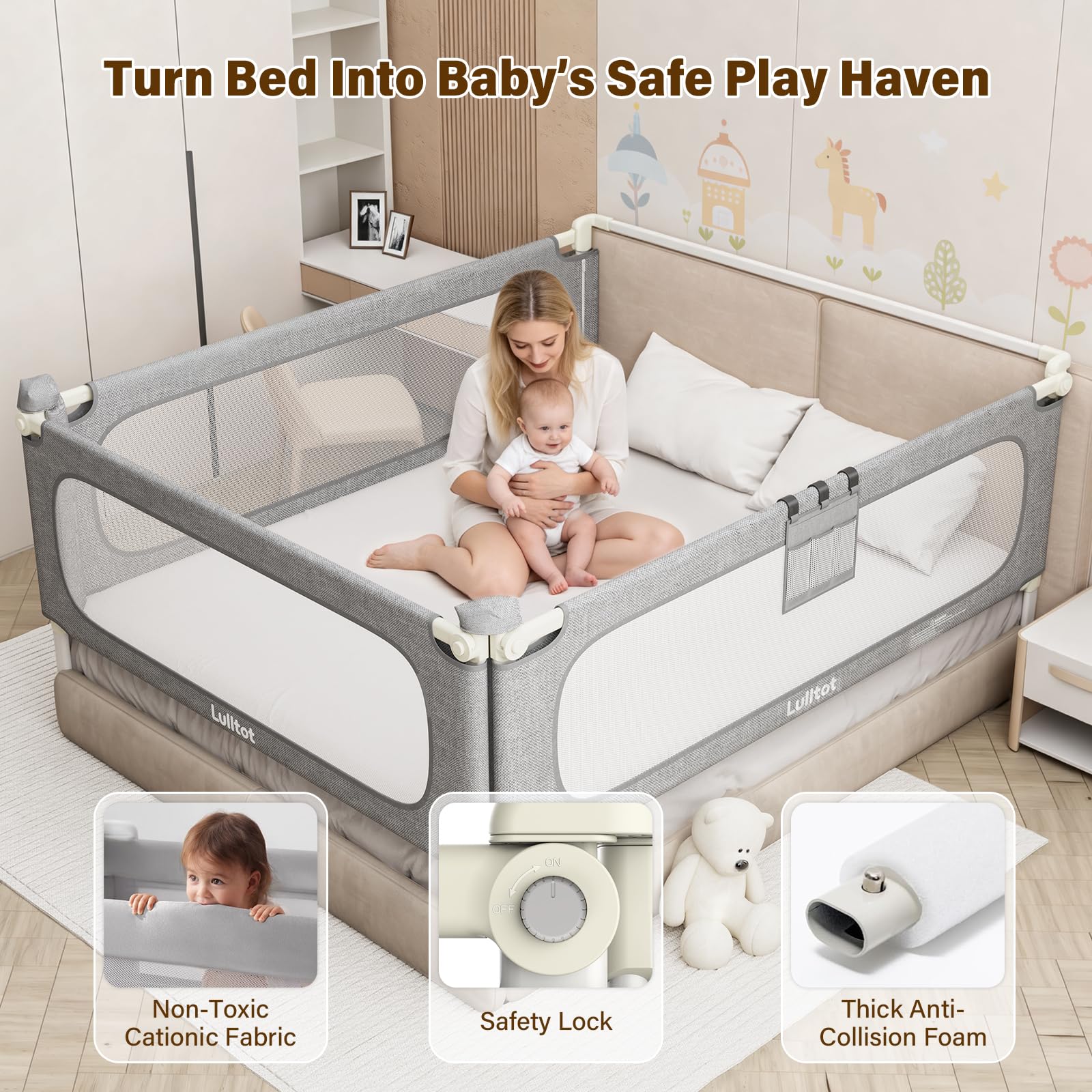 Barrera Seguridad Niños Cama 3 Lados Antiatrapamiento 180x200cm | Varillas en U, Altura Regulable 66–96 cm, con Varillas Sellagrietas, para Camas Boxspring, Niños hasta 5 Años