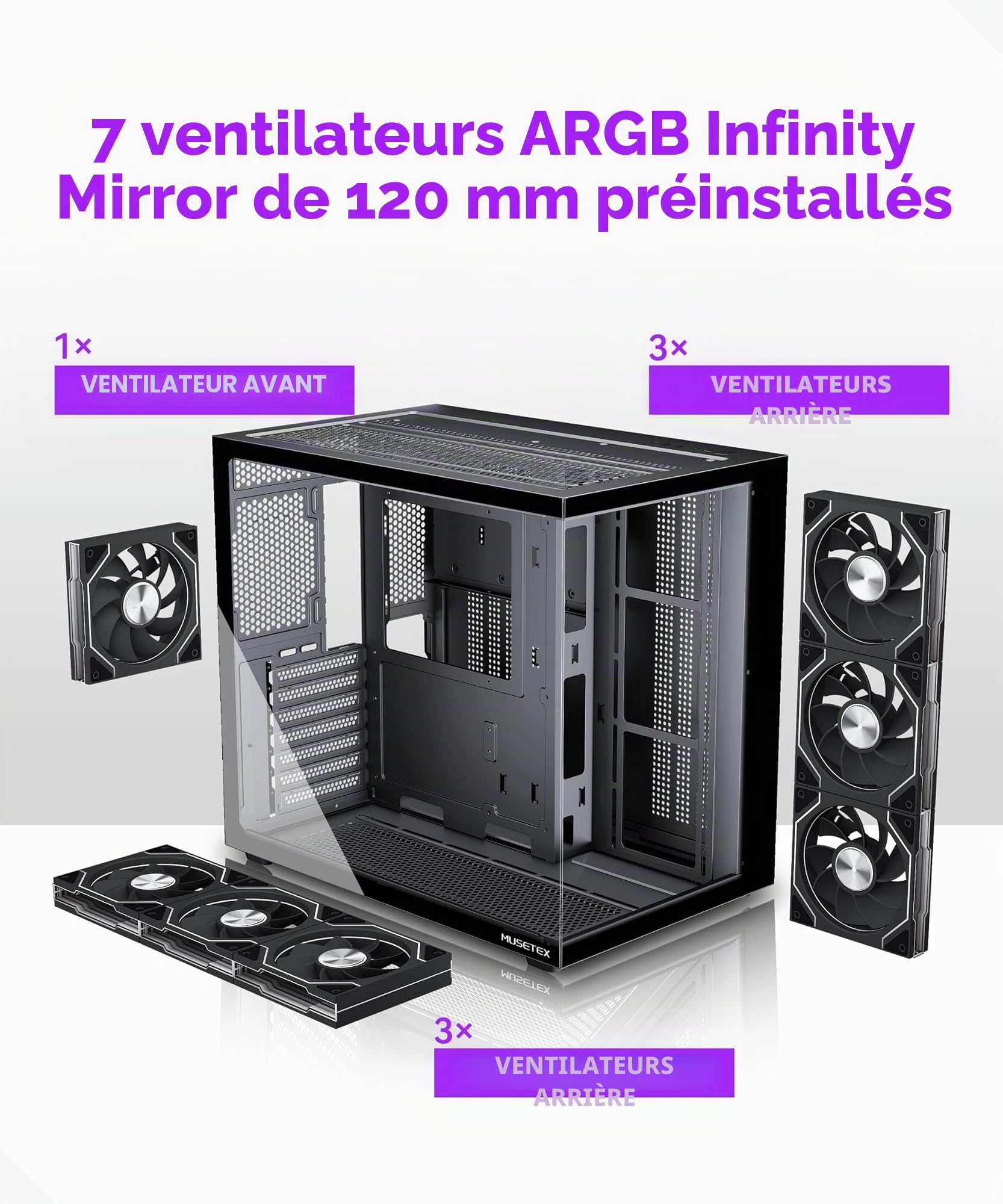 MUSETEX Y6 Boîtier PC, 7 Ventilateurs ARGB PWM Infinity Mirror préinstallés, Vue 270° en Verre Trempé, Connectique Type-C, Boîtier PC Gamer Mid-Tower ATX, Noir
