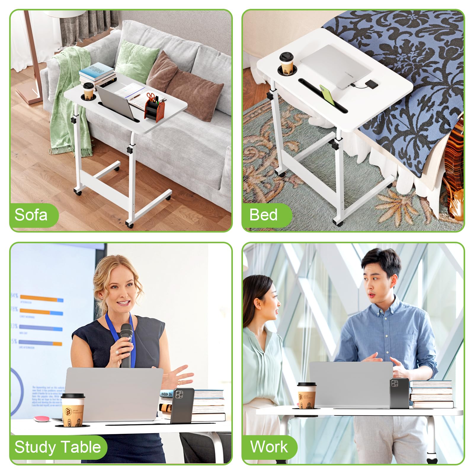 60x40cm Tavolo rotante per divano letto con slot per tappetino e portabicchieri, scrivania mobile regolabile in altezza 62-85cm, 4 scrivanie rotolanti con serratura, tavolino per camera , bianco