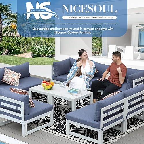 Miniatura 487 de NICESOUL 7 Piece White Powder-Coated Aluminum Patio Furniture with Fire Pit Table, 29 Inch Extra Wide Outdoor Sectional Sofa for 6, High-End Heavy