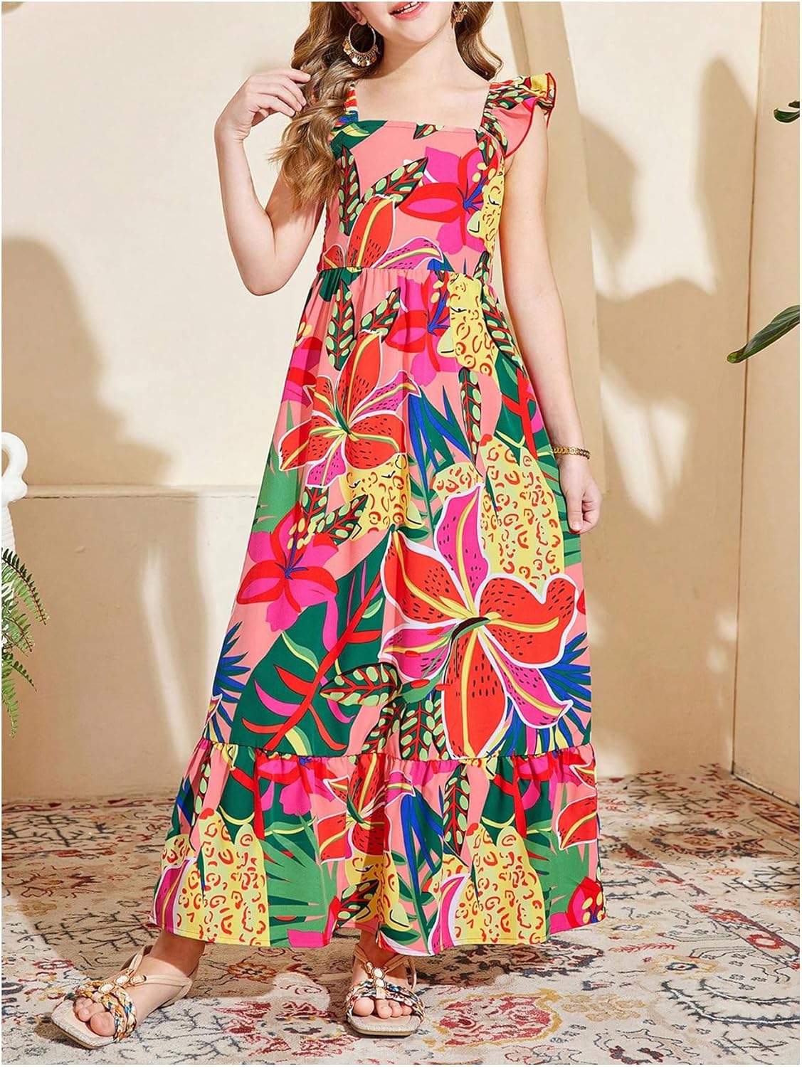 BEAUDRM Girl's Summer Maxi Dress Tropical Hawaiian Dress Floral Ruffle Flowy Dresses Vacation Beach Outfits