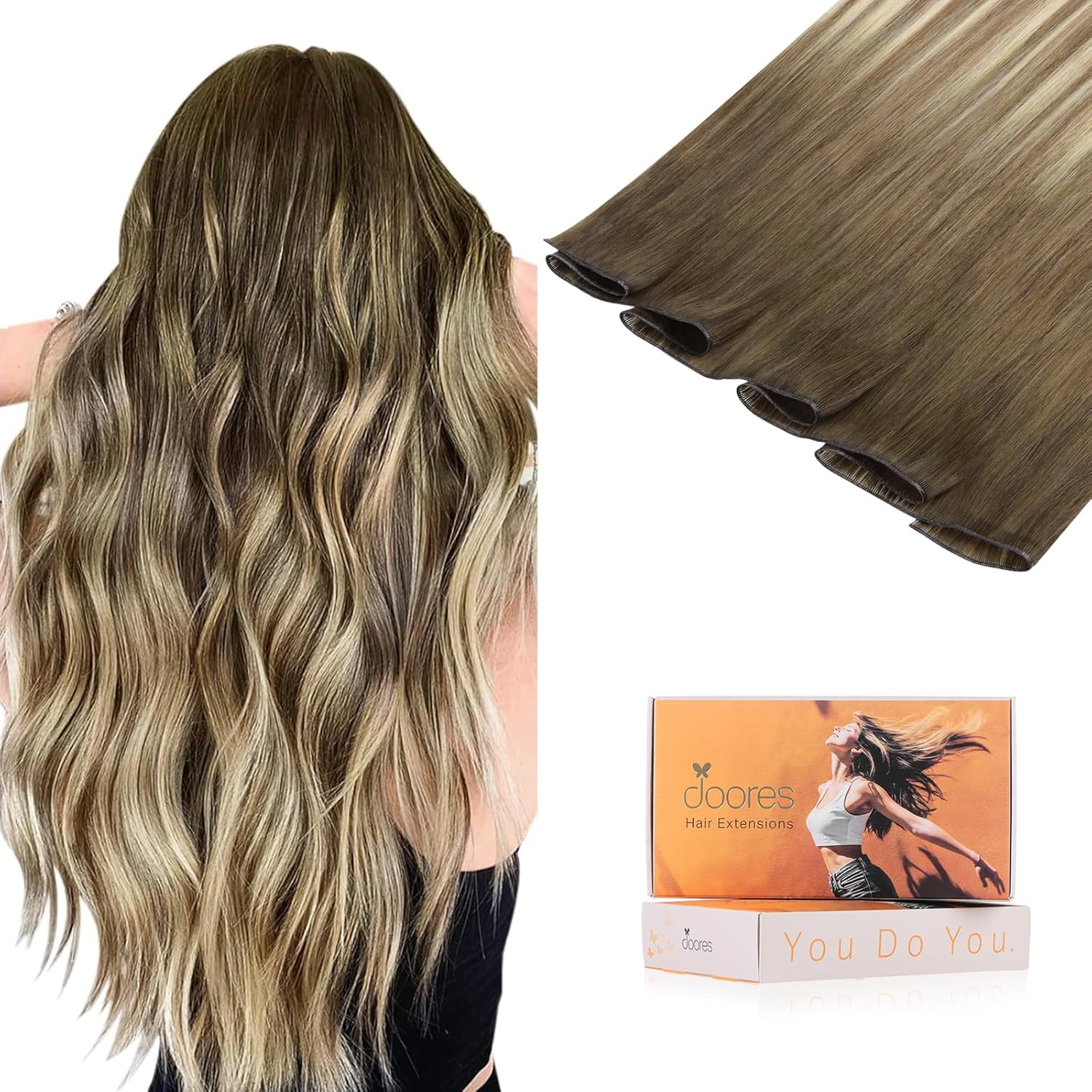 DOORES Genius Sew in Weft Real Hair Extensions, 24 Inch 120g Balayage Walnut Brown to Ash Brown and Bleach Blonde, Straight Sew in Hair Extensions High Density