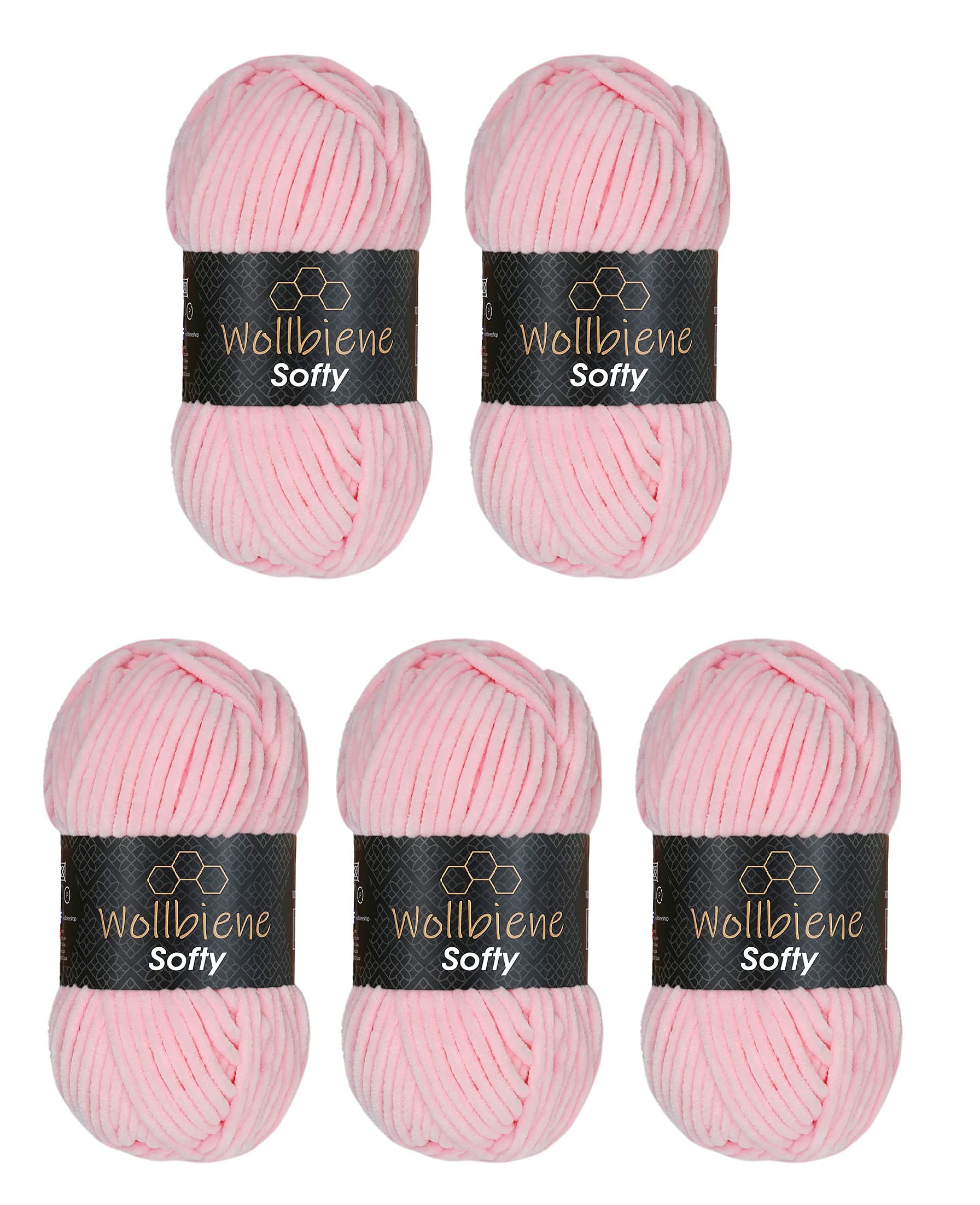 Wollbiene Softy 5 x 100 g Chenille Knitting Wool, Baby Wool, 500 g Super Bulky Wool (Pink 81)
