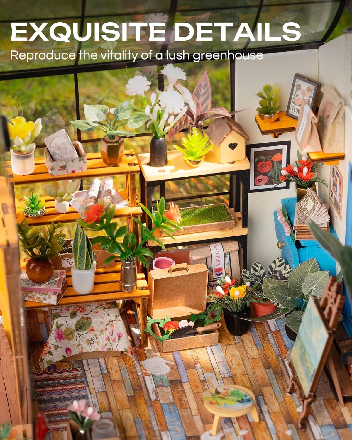 ROBOTIME DIY Doll House kit Cathys Flower House, Miniature Greenhouse Craft Kit for Adults Mini Diorama Room with Furniture - Image 3