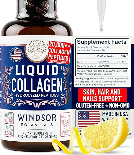 WINDSOR BOTANICALS - Suplemento concentrado de péptidos de colágeno líquido, soporte para cabello, piel, uñas, articulaciones, gotas sublinguales de