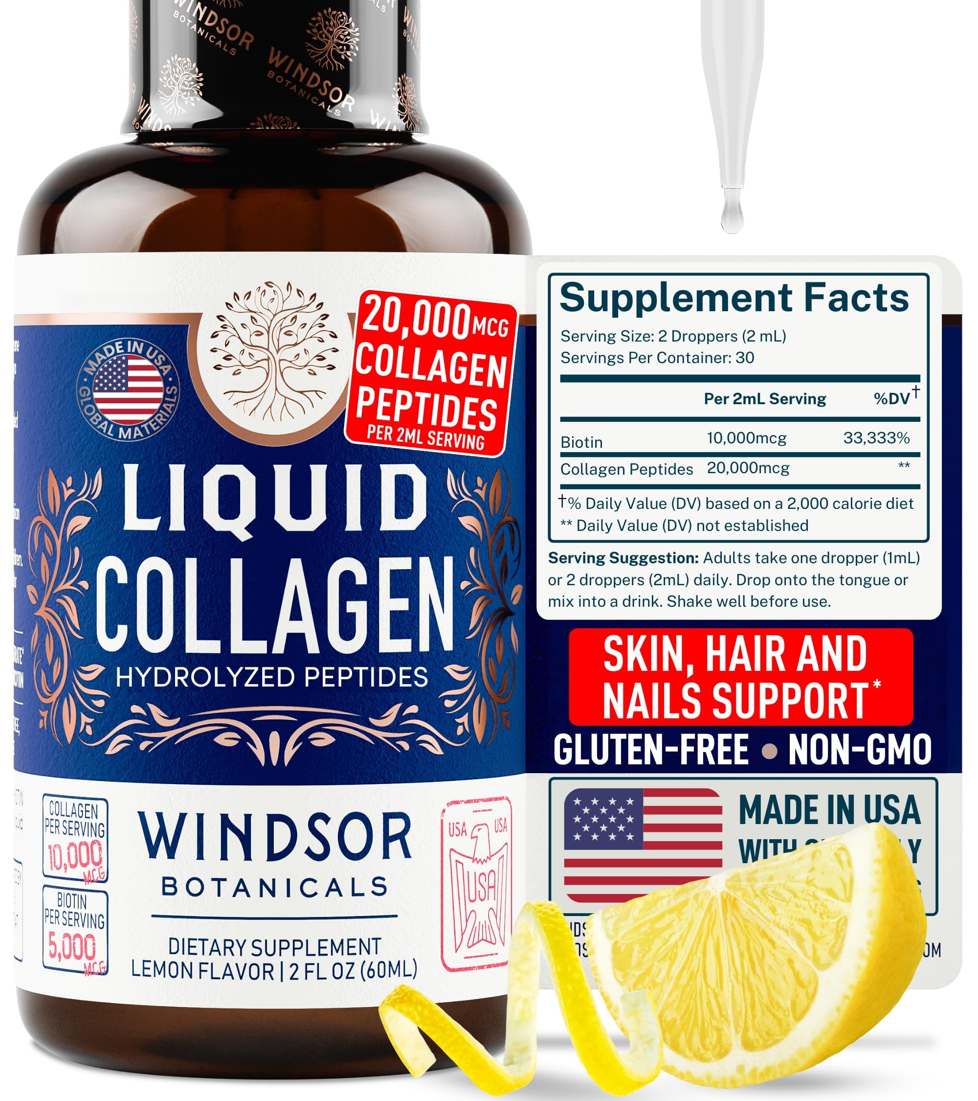 Concentrated Liquid Collagen Peptides Supplement - 30,000mcg Hydrolyzed Liquid Collagen for Women plus Biotin Hair, Skin, Nail Support - Sublingual Direct Drops or in Drinks - Natural Lemon Drink 2 oz