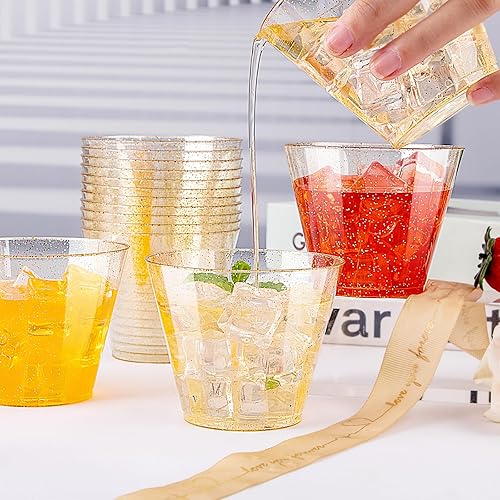 Miniatura 5 de I00000 200 vasos de plástico dorados, vasos desechables de 9 onzas con purpurina dorada dura para cóctel y bebida, vasos de plástico desechables de