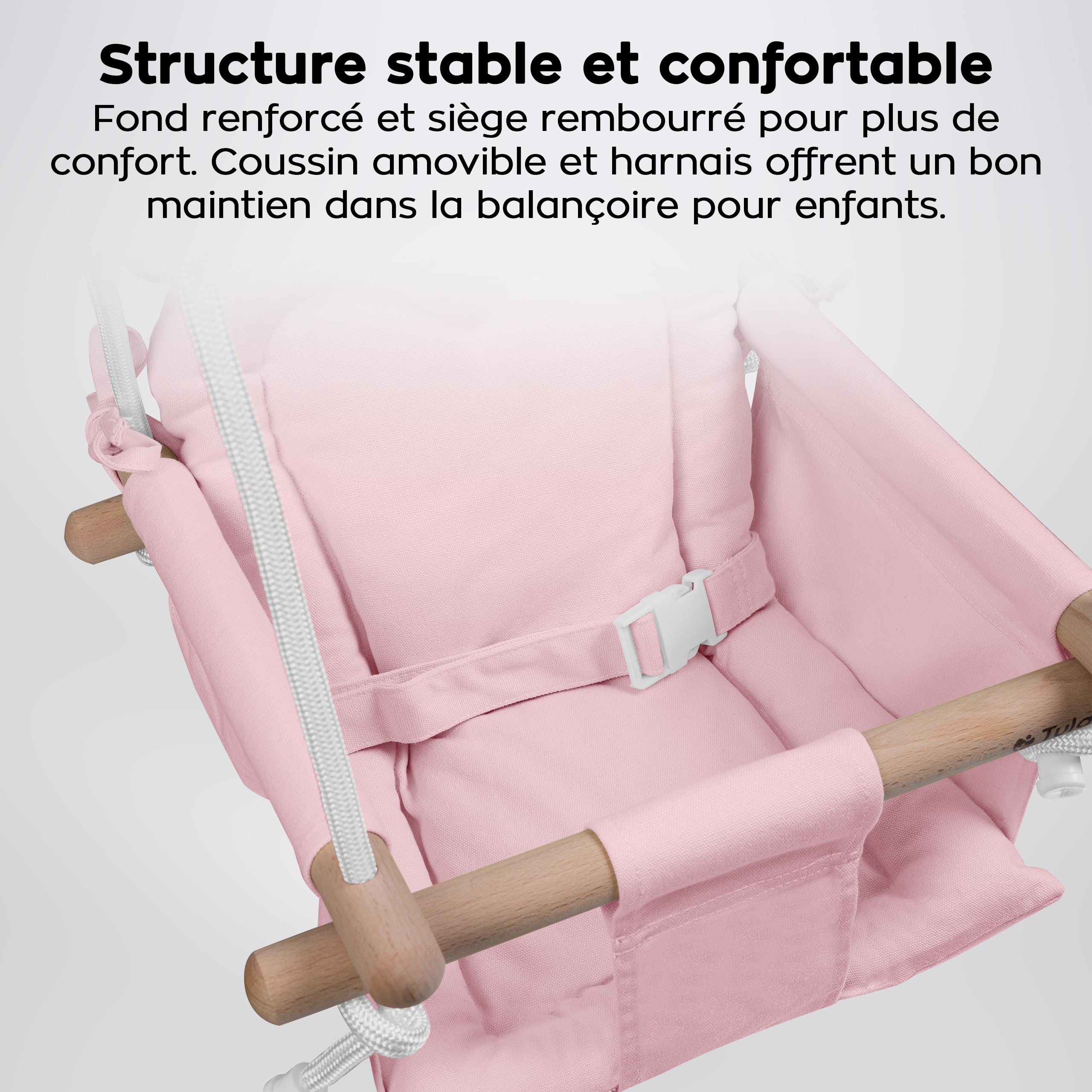 Tulano Hop 30 Balancoire Bebe Exterieur – Siege Enfant Suspendu – pour Maison et Jardin – 6-36 Mois – Charge 36 kg – Ceinture de Sécurité – Assise Douce – Bois et Tissu – Rose