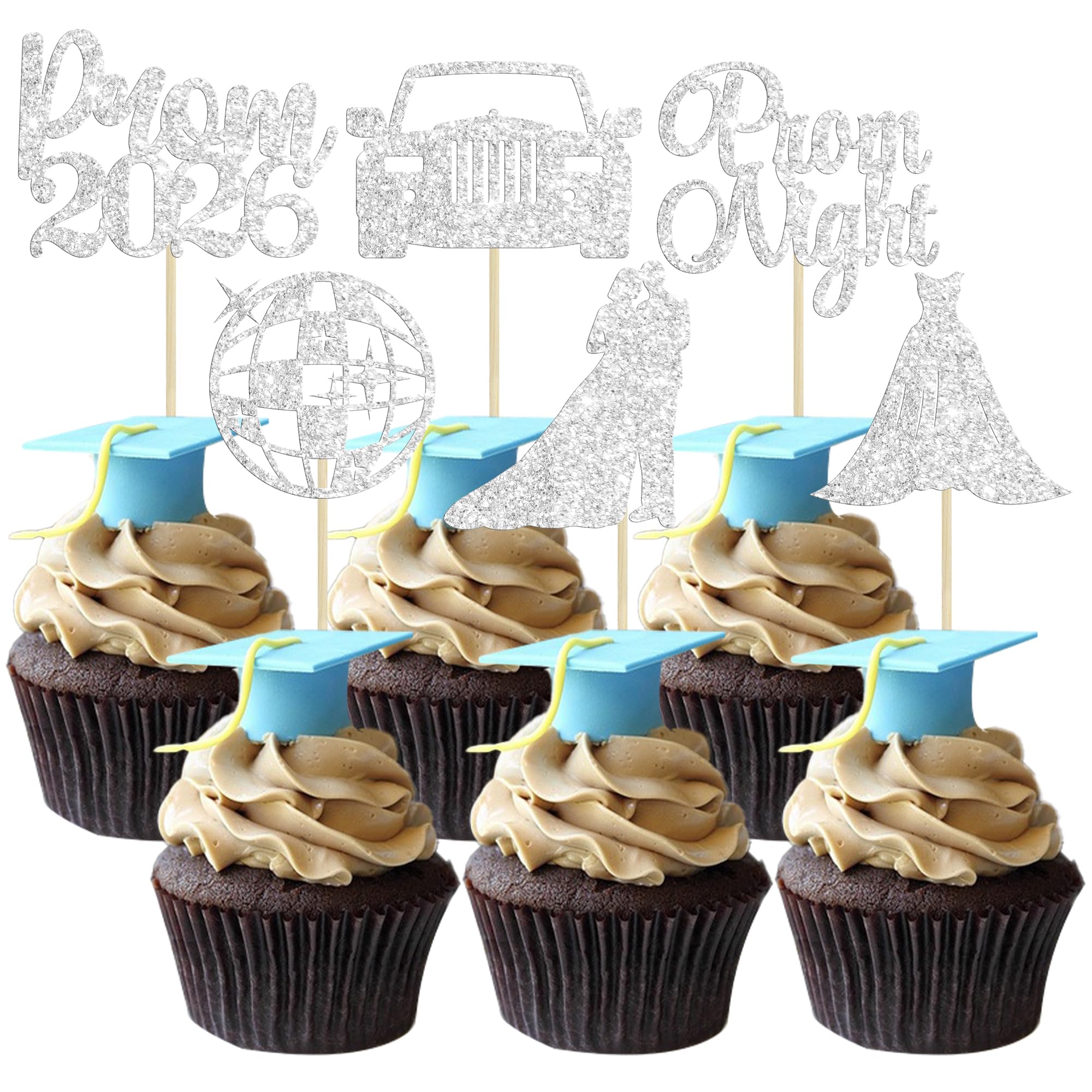 Ephlyn 24Pcs 2026 Graduation Cupcake Toppers Glitter Prom Cake Toppers 2026 Prom Cake Decorations for Class of 2026 Graduation Party Decorations Supplies Silver