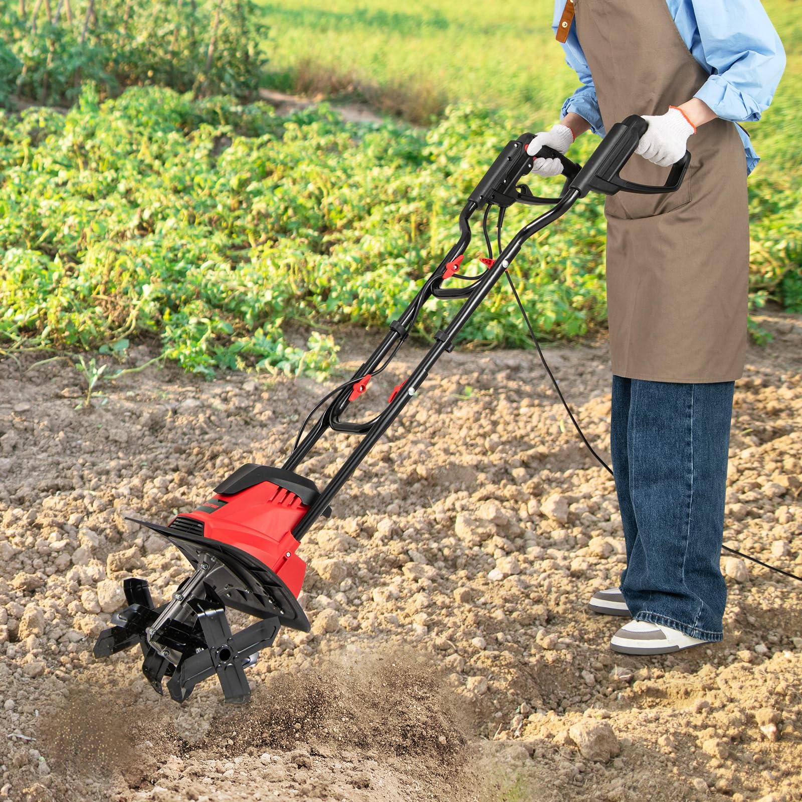 COSTWAY Motorhacke elektrisch, 1200W | Arbeitsbreite 36 cm | Arbeitstiefe 22 cm | 380 U/min, Elektro Bodenhacke mit Schutzschalter & Handgriff, klappbarer Gartenfräse (36,5 x 24 x 138 cm,Rot)
