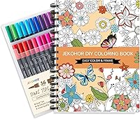 Jekohor Adult Coloring Book Set with 36 Non-Toxic Markers & 30 Spiral Bound Patterns: Mandalas, Animals, Flowers for Stress Relief