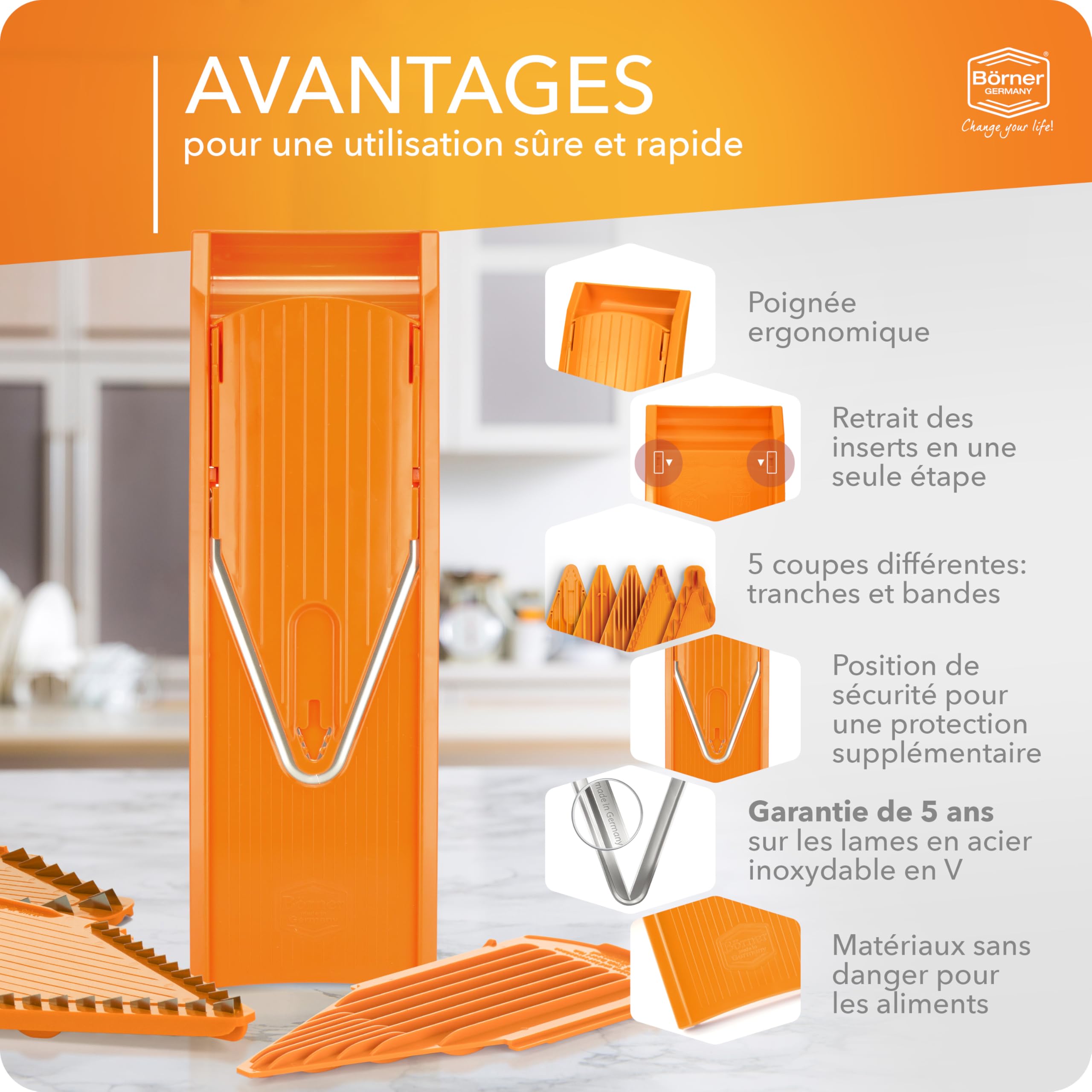 Börner Mandoline V1 ClassicLine (Starter Set) • Mandoline Réglable pour Légumes & Fruits • Avec 4 Inserts, Porte-fruits • Coupe-légumes pour tranches, lamelles & dés • Orange