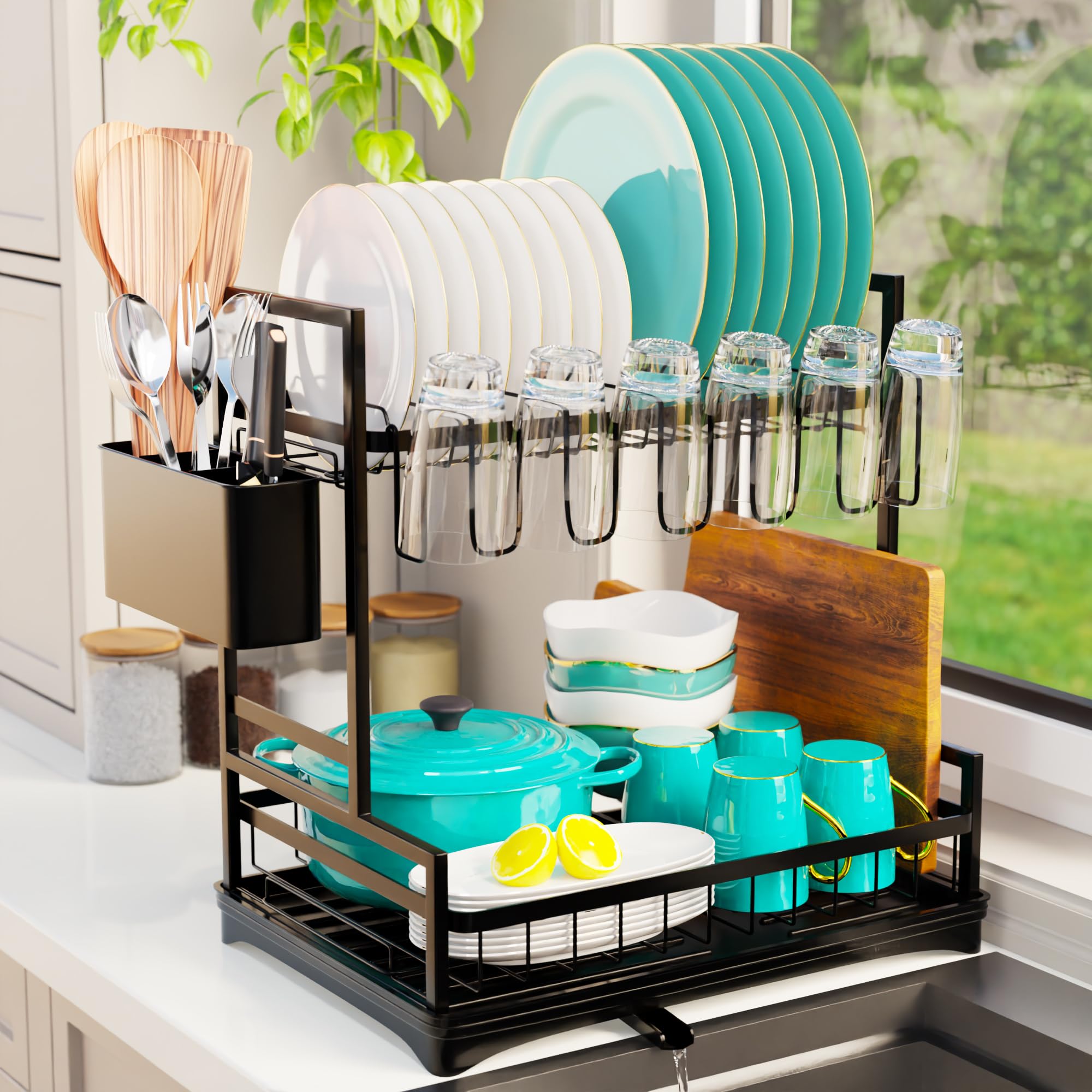 Homiu 2 Tier Dish Drainer Rack - Stainless Steel Utensil Holder - Swivel Drainage Spout - Kitchen Sink Draining Board - Dish Drying Rack for Kitchen Counter - Drying Rack Cutlery Holder