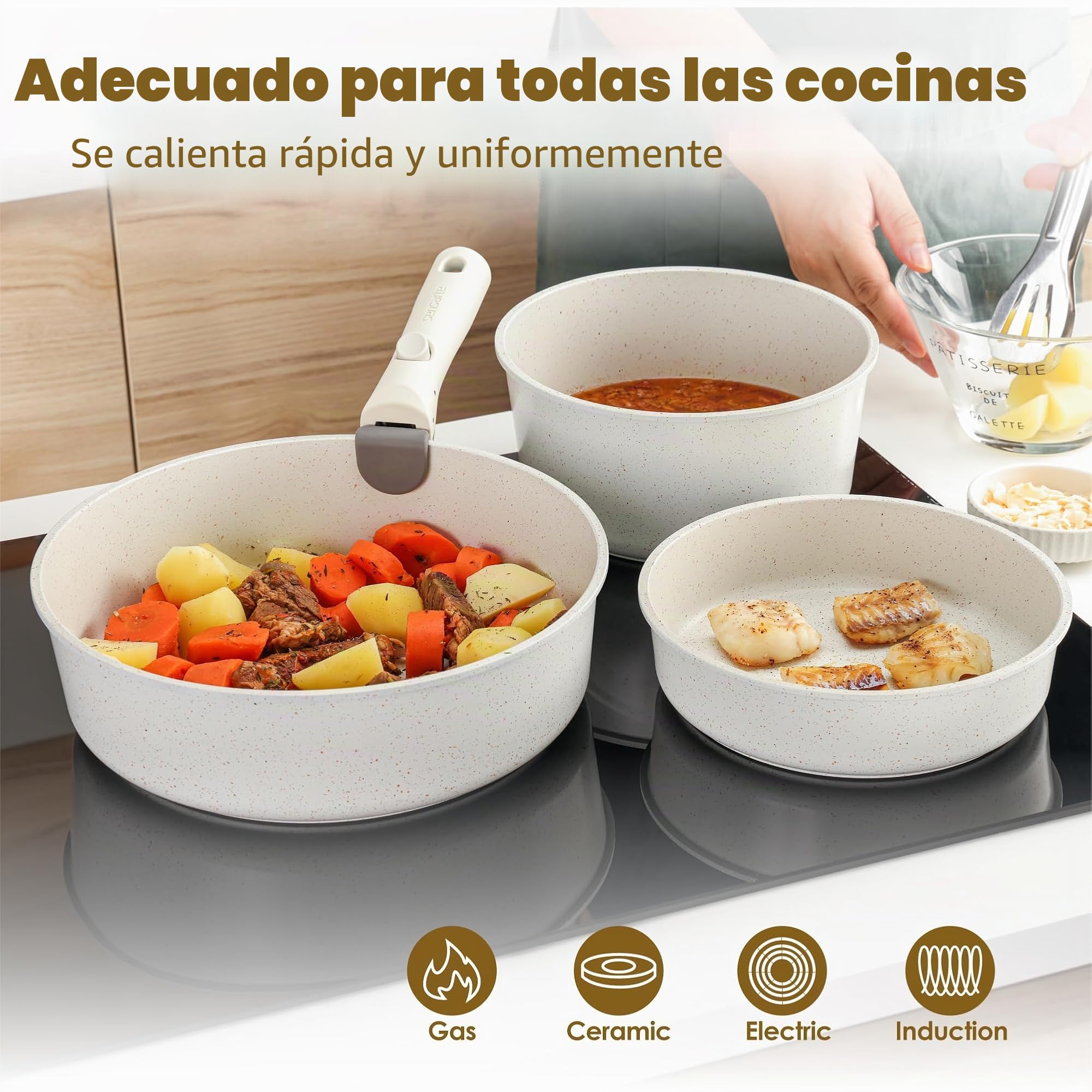 SENSARTE Juego de ollas de 24 piezas con asas extraíbles, antiadherente de granito, compatible con inducción y gas, incluye sartenes, cacerolas y parrillas, apilable y lavable en lavavajillas
