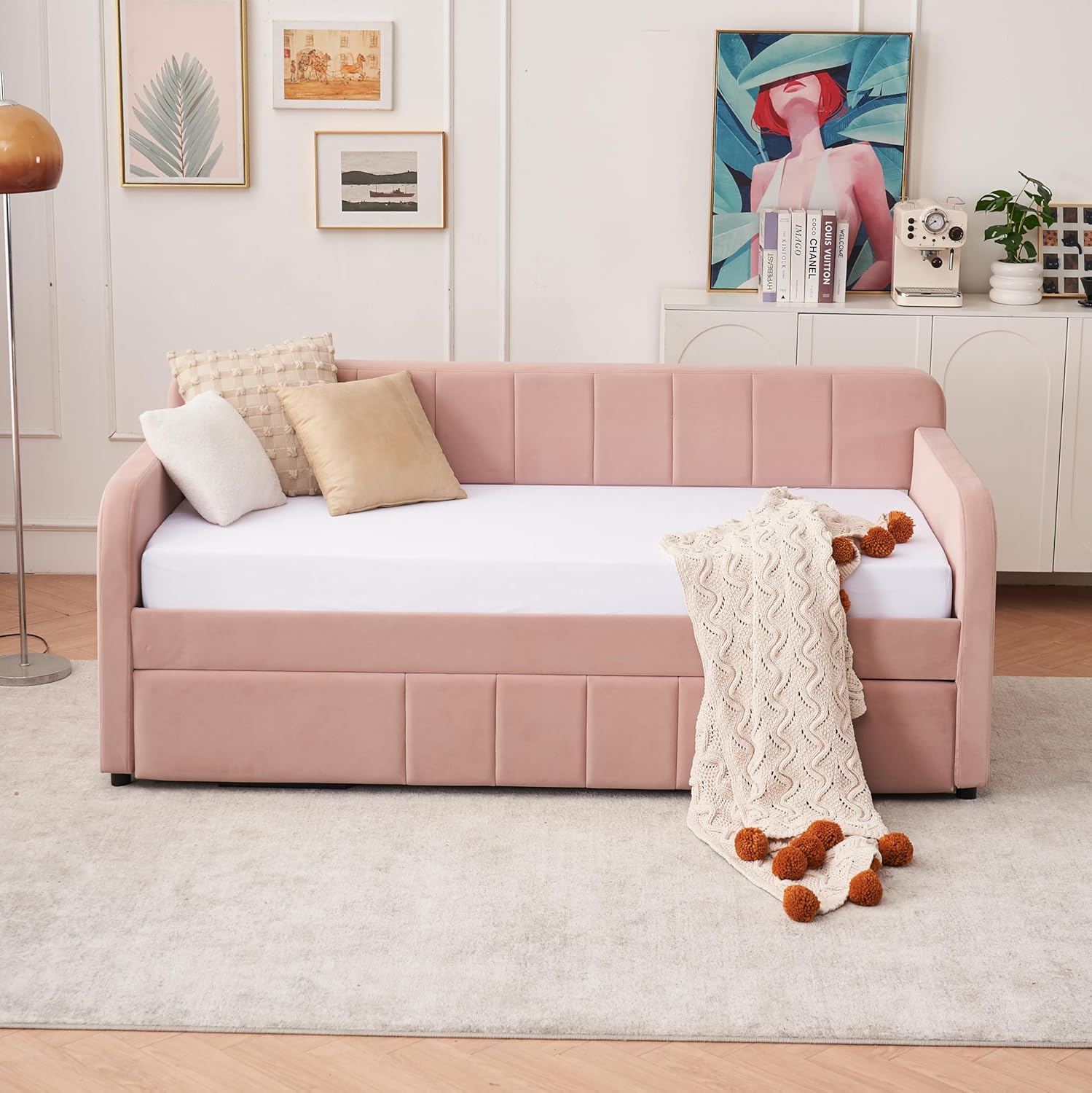 Cozy Velvet Upholstered Daybed with Pop-up Trundle Bed and USB Ports, Twin Size Space-Saving Sofabed Frame with Side Storage Pocket for Bedroom Guest/Living Room, No Box Spring Needed & Easy Assemble