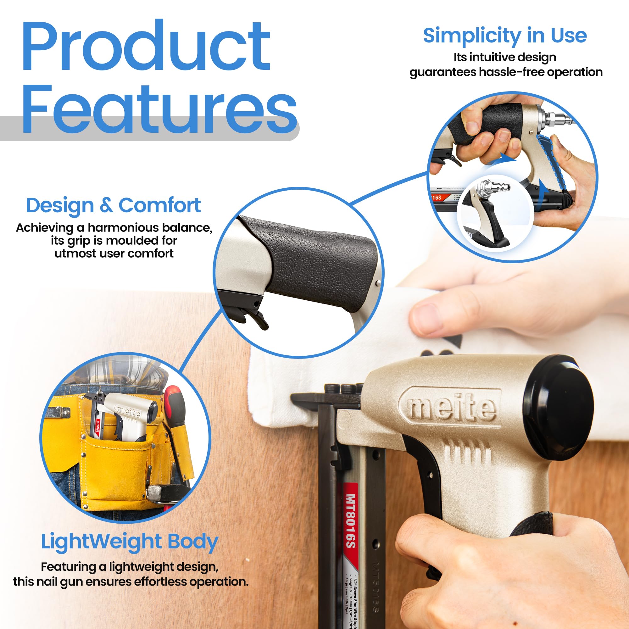 meite Cucitrice per tappezzeria con grilletto di sicurezza, per graffette a corona da 21 gauge da 1/2", pistola pneumatica resistente per lavorazione del legno, progetti professionali e fai da te
