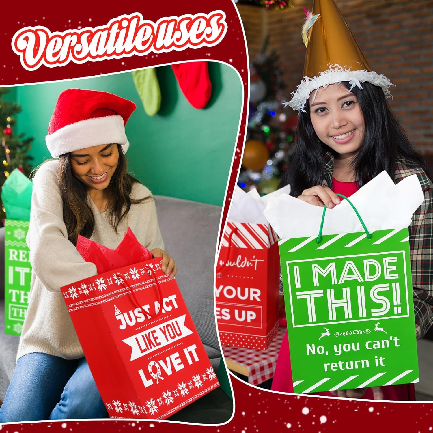 Qilery 24 Pack 13'' Large Funny Christmas Bags with Tissue Paper Xmas Gift Bags for Adults Christmas Wrapping Paper Funny Birthday Gift Bags with Handles for Xmas Party Present