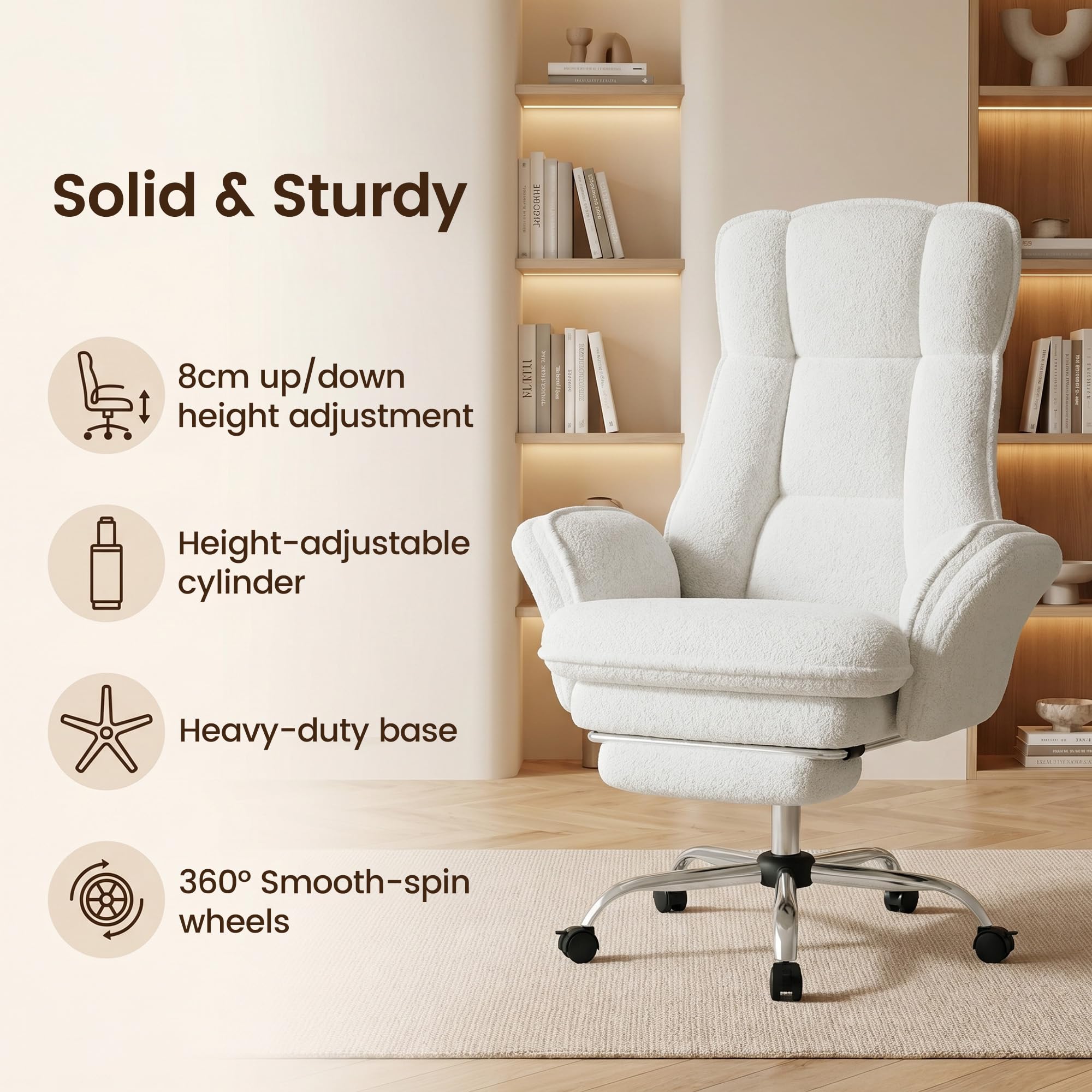 Hawthyhome Ergonomischer Bürostuhl 135° Teddy Drehstuhl mit Fußstütze,Weiß | bis 180kg, Fußstütze, klappbare Armlehnen, Teddy-Fleece, schreibtischstuhl für schneidersitz, Homeoffice