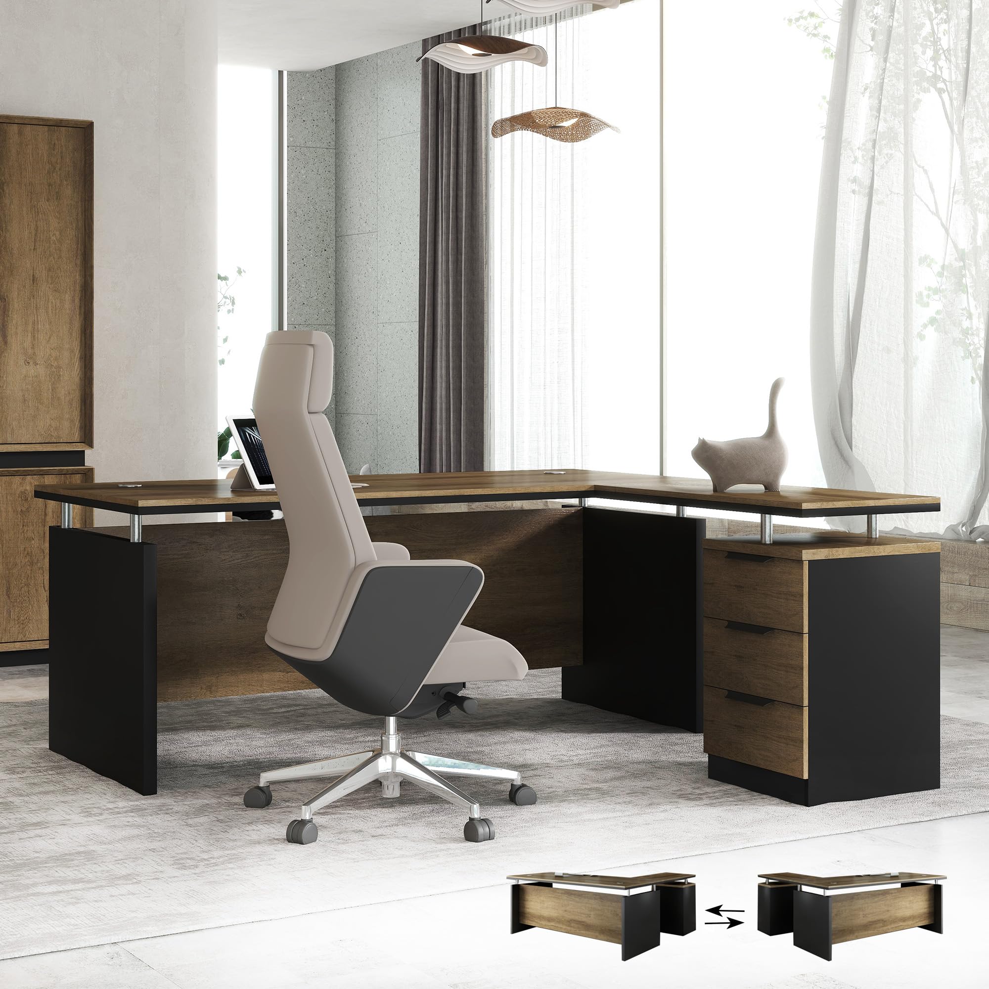 Scrivania da ufficio industriale moderna da 160 cm, con 3 cassetti, finitura in finto legno, gestione dei cavi integrata e presa di corrente, perfetta per casa, ufficio e uso aziendale