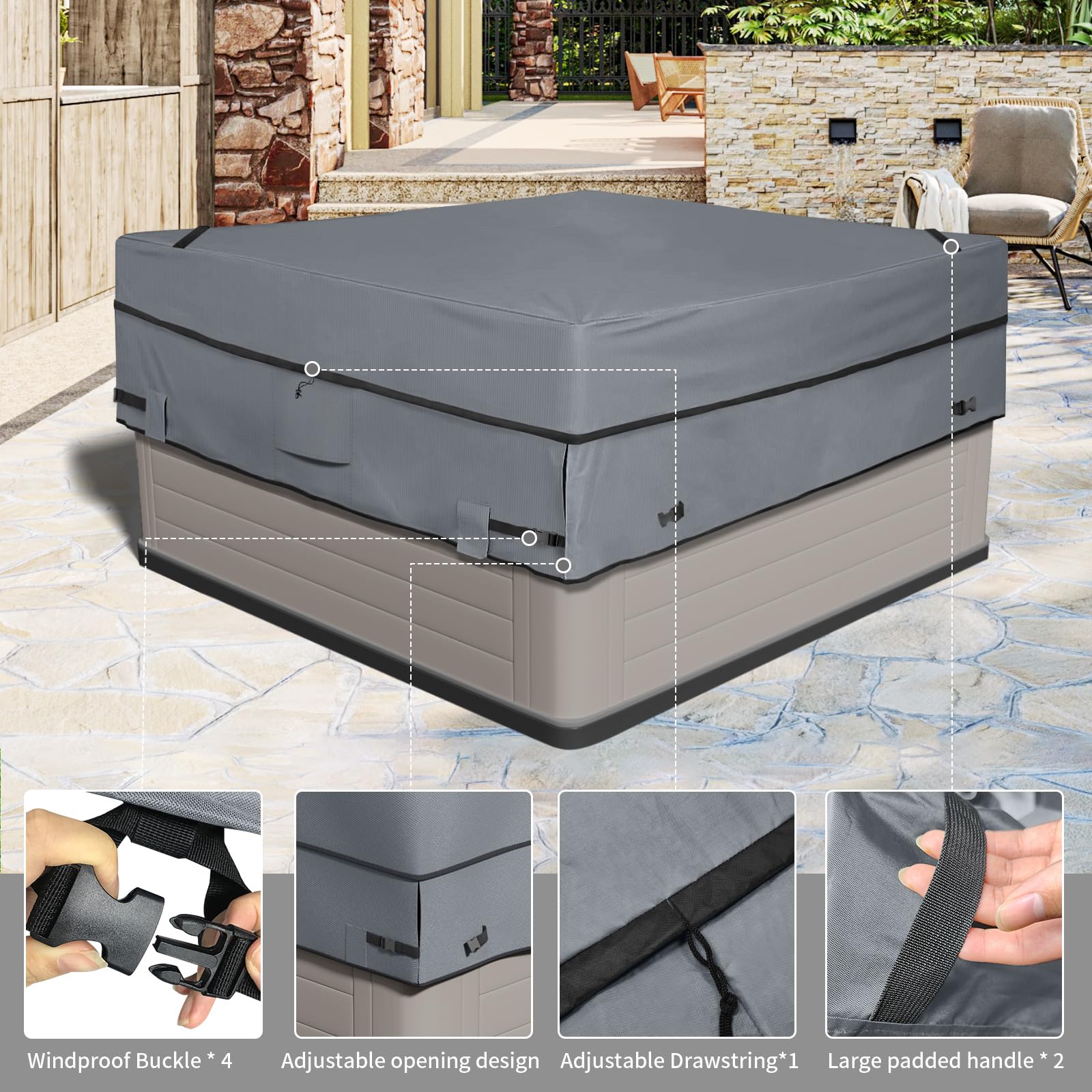 AKEfit Whirlpool-Abdeckung Aus 600D Oxford – Wasserdicht & Winddicht, Für 203 X 203 Cm, Grau