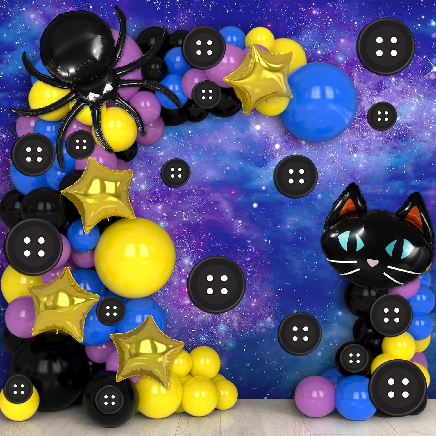 156 Pcs Button Eyes Balloon Garland Arch Kit Button Party Decorations Spider Black Cat Foil Balloons Buttons Purple Blue Yellow Black Balloons for Horror Cartoon Movie Theme Birthday Party Supplies