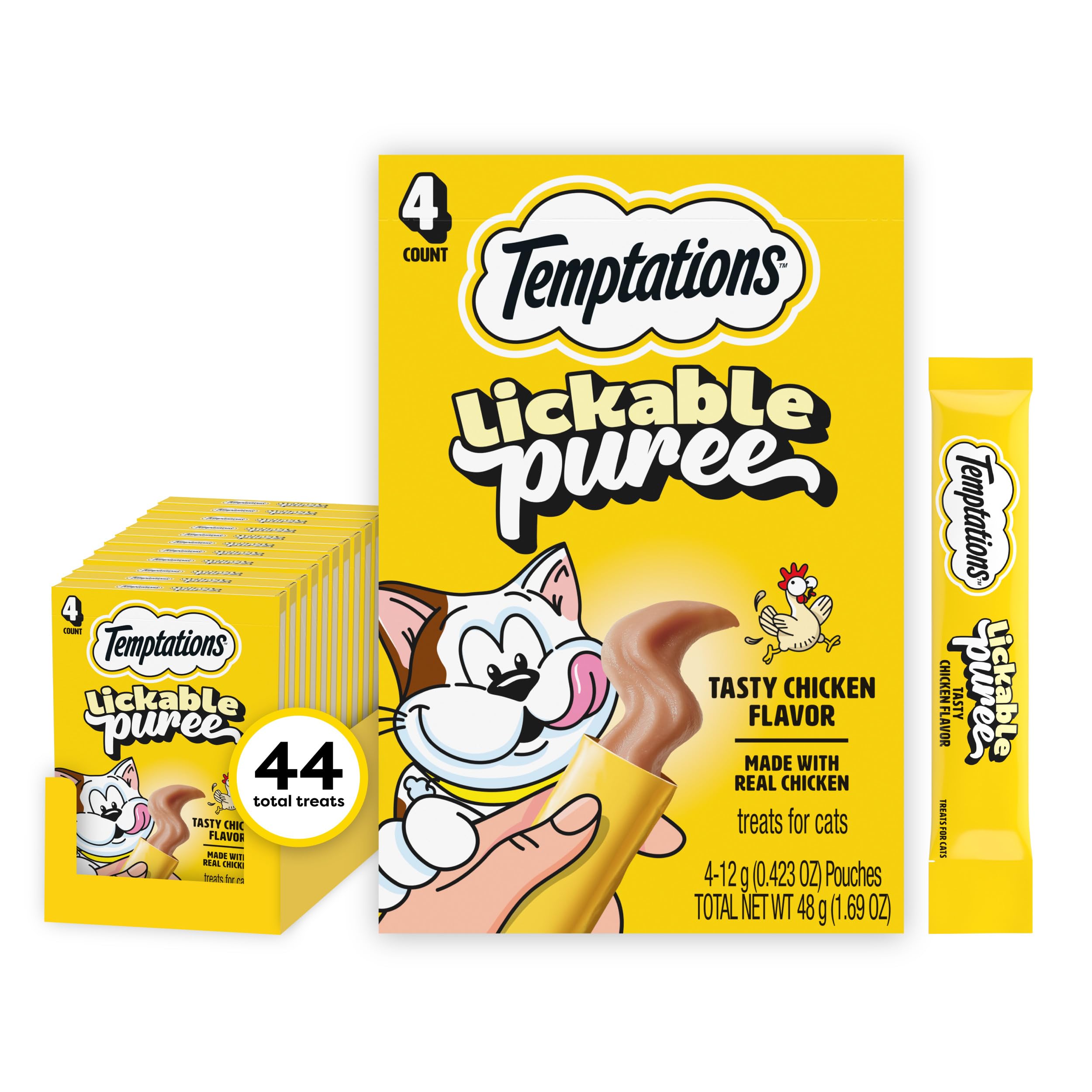 Temptations Creamy Puree Squeezable Lickable Cat Treats, Wet Cat Treats with Chicken, 0.42 oz. Tubes, 4 Count, Pack of 11 (44 Total)
