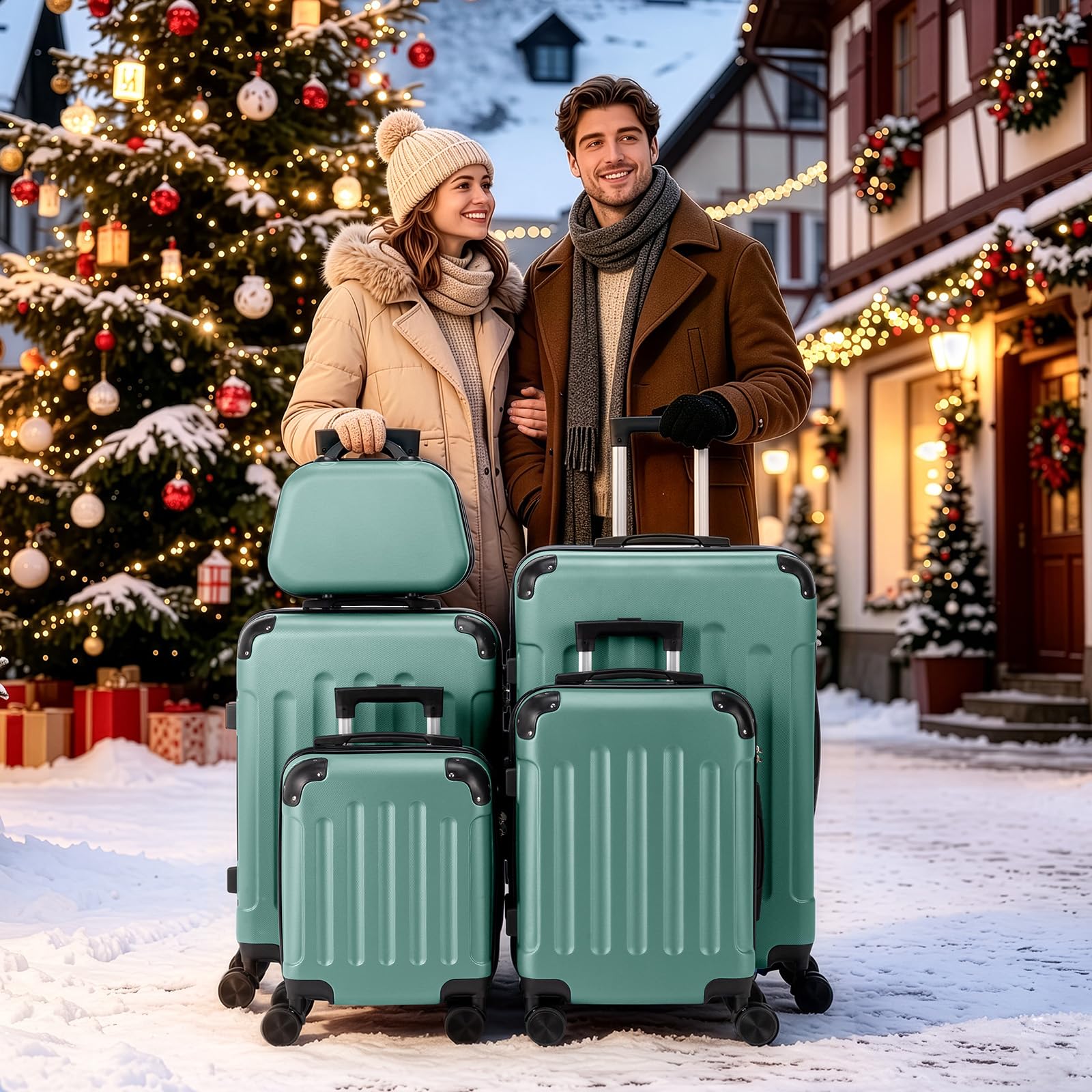 LEADZM Set de 5 Valises avec Vanity Case, Valise Cabine & Grande Taille avec Renforts d'angle, Valise Soute Ridide en ABS, Bagages Cabine (Turquoise)