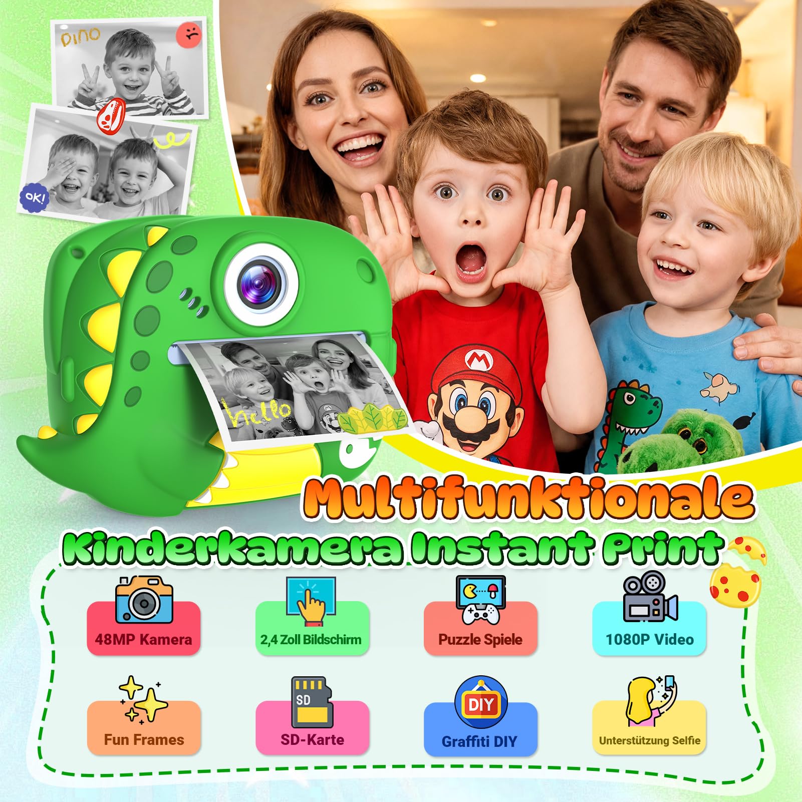 Wootoyz Kinderkamera Sofortbildkamera, Digitalkamera für Kinder Dinosaurier Spielzeug ab 3 4 5 6 7 8 Jahren Junge Geschenkideen Kinderkamera Junge 4 5 6 7 8 Jahre Spielzeug ab 3-12 Jahre