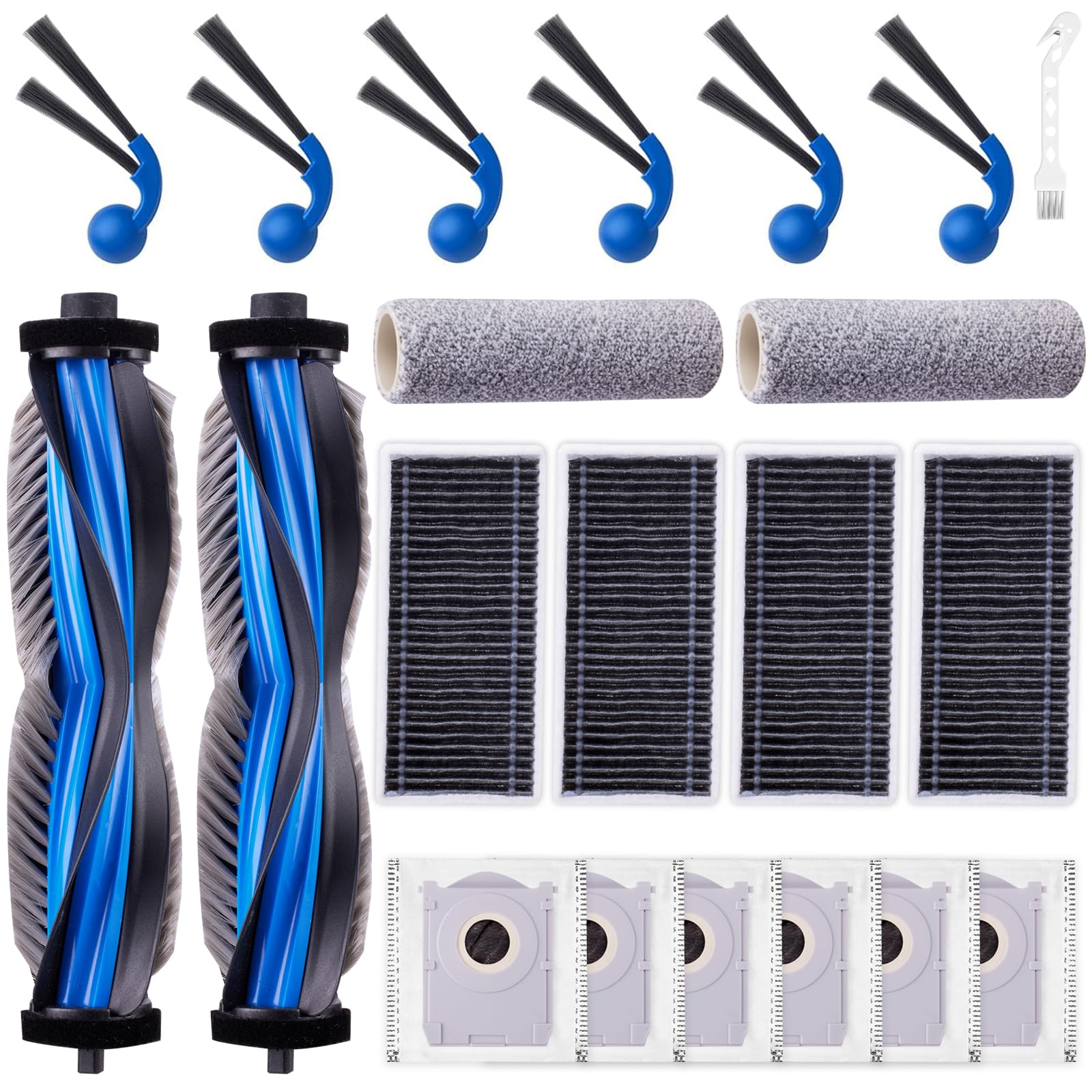 EOVWAEO 21 Stück Zubehörset für ECOVACS DEEBOT T80 Omni Saugroboter, Ersatzteile Zubehör 2 Anti Tangle Hauptbürste 2 Wischwalze 6 Staubbeutel 6 Seitenbürste 4 Filter 1 Reinigungsbürste