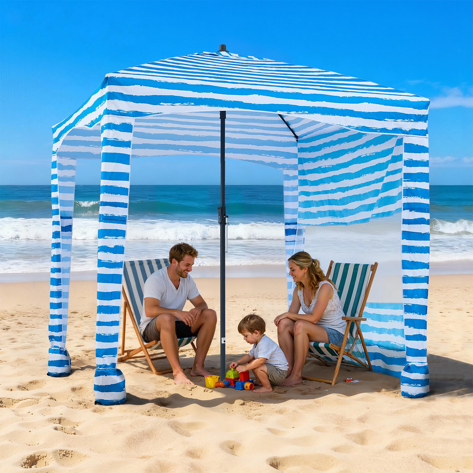 VEVOR Tenda da Spiaggia da 1830 x 1830 x 2290 mm, con Parete Laterale e Tasche per la Sabbia, Ombrellone Parasole Portatile Regolabile in Altezza per Famiglia e Amici, Blu Chiaro Striature Bianche