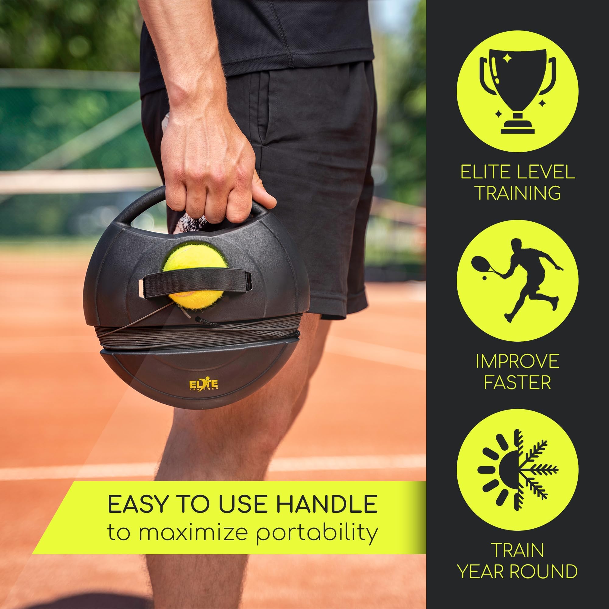 TBA Elite Trainer - Set di palline da tennis con rimbalzo | Base di alimentazione resistente, non richiede riempimento | Viene fornito con palla extra, corda lunga e borsa a rete personalizzata |