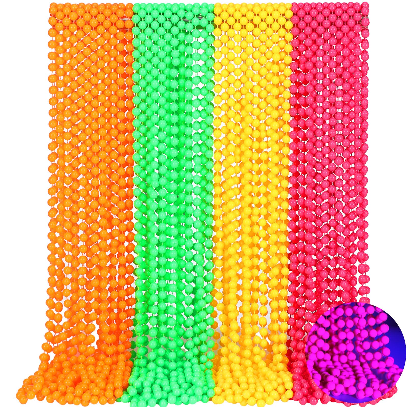 Ecally 48 Pieces Neon Beads Necklaces 33" Glow in The Dark UV Neon Bead Necklaces Glow Party Supplies 80s UV Black Light Accessories Bulk for Birthday