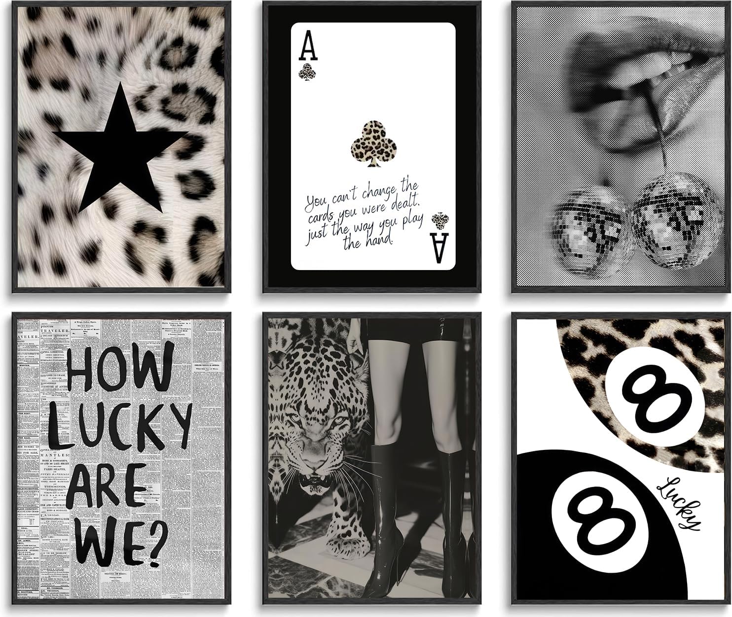 Trendy Leopard Wall Art Black And White Leopard Wall Decor Lucky 8 Ball Y2k Posters Prints Funky Cheetah Aesthetic Canvas Painting for Girls Room Bedroom Apartment Dorm Set of 6 (12x16 Unframed)