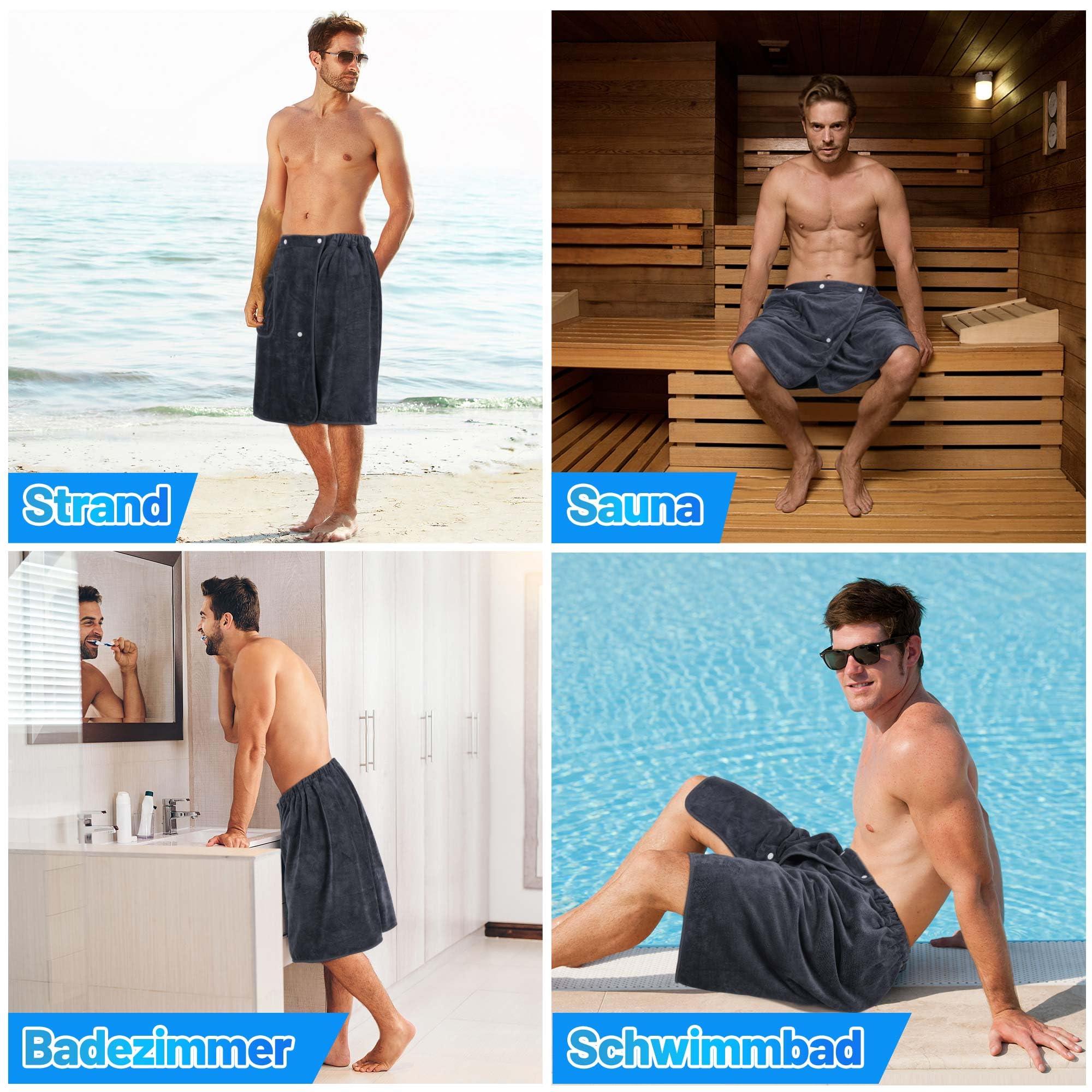 Saunakilt Herren 60x150 cm, Verstellbarer Druckknopf Saunahandtuch, Saunatuch Elastischer Bund, Sauna Kilt Männer Geeignet für Sauna, Schwimmbad, Strand