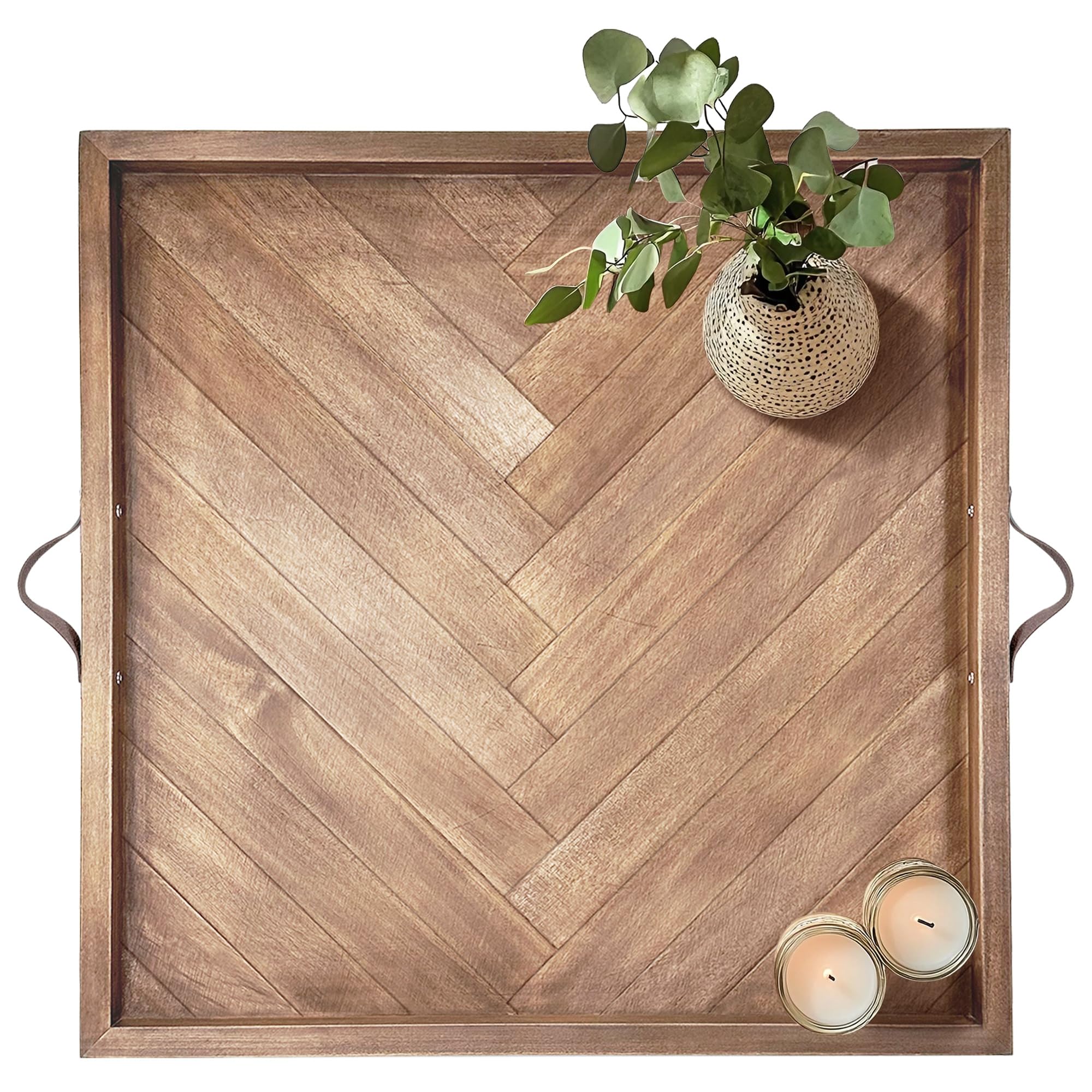 Plateau de rangement pour ottomane 61 cm en bois rustique avec poignées cuir