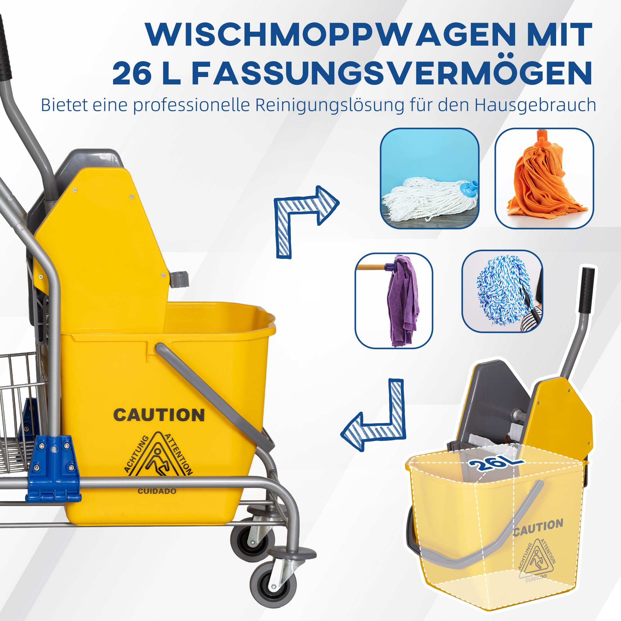 HOMCOM Carrello per pulizie Carrello per pulizie 26 litri Carrello con strizzatore, carrello domestico con rotelle, gancio per mocio Giallo