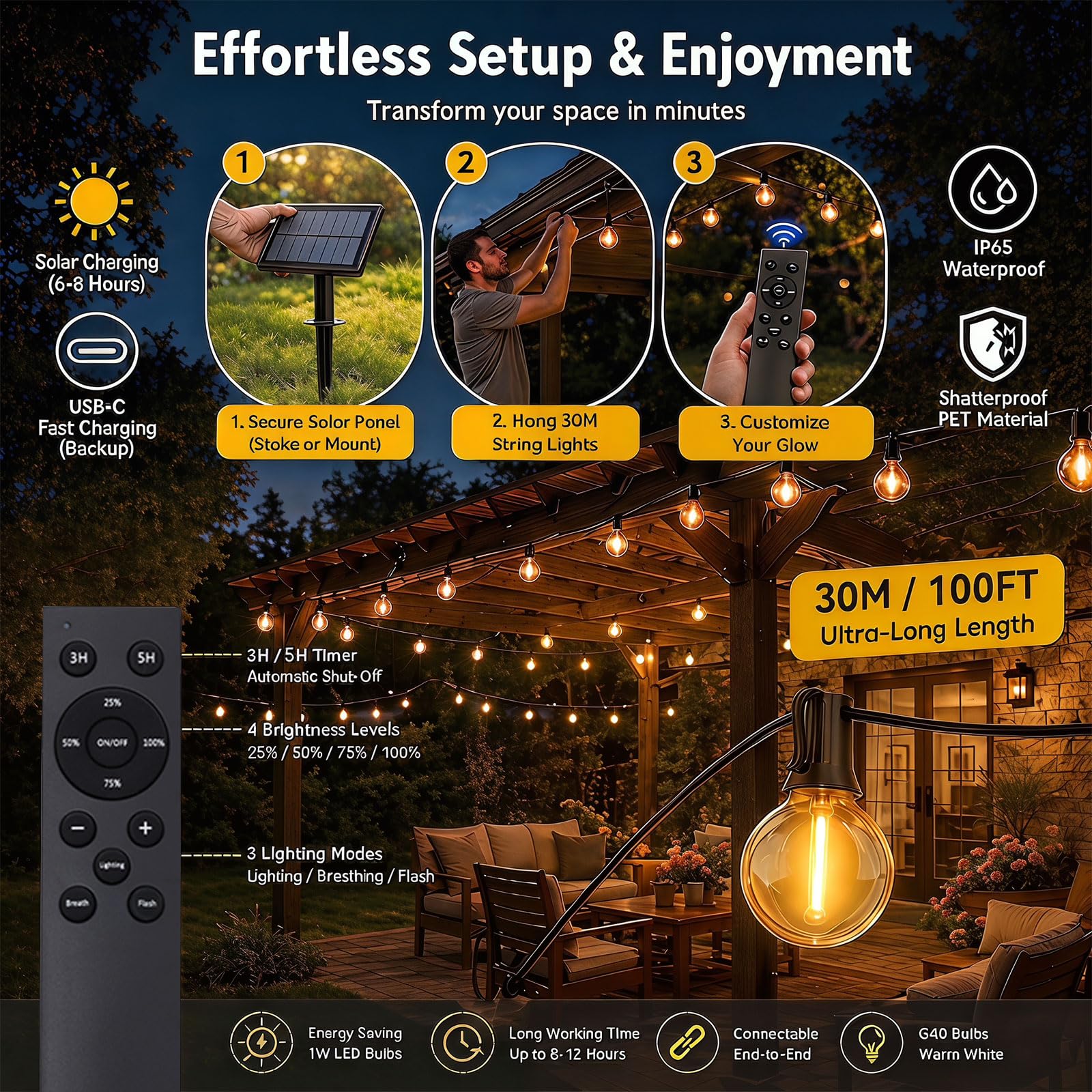 Guirlande lumineuse solaire d'extérieur étanche G40 avec télécommande, minuterie à intensité variable, 3 modes d'éclairage pour porche, cour, jardin, camping