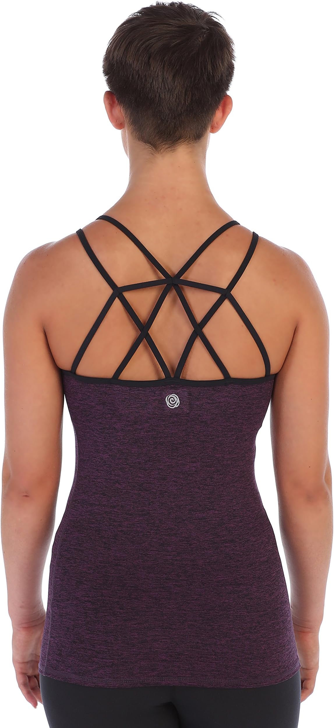 American Fitness Couture Womens Strappy Lattice Back Workout Top Built in Sports Bra, Heather Violet Md