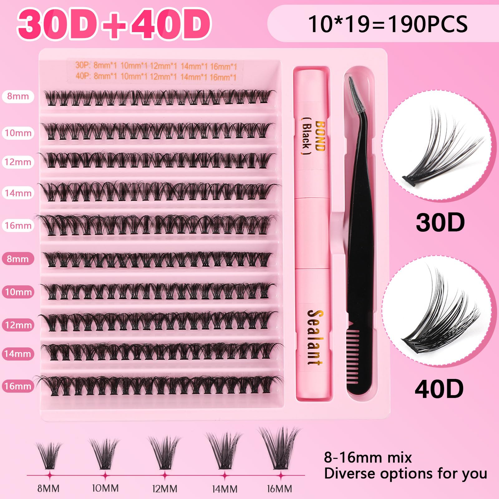 Kiusatig Eyelash Extension Kit 190PCS DIY Individual Eyelashes Kit Cluster Lashes D Curl 8-16mm Lash Extension Kit with Lash Bond and Seal Lash Kit with Lash Tweezers Set(30D+40D-8-16Mix Kit) - Image 3