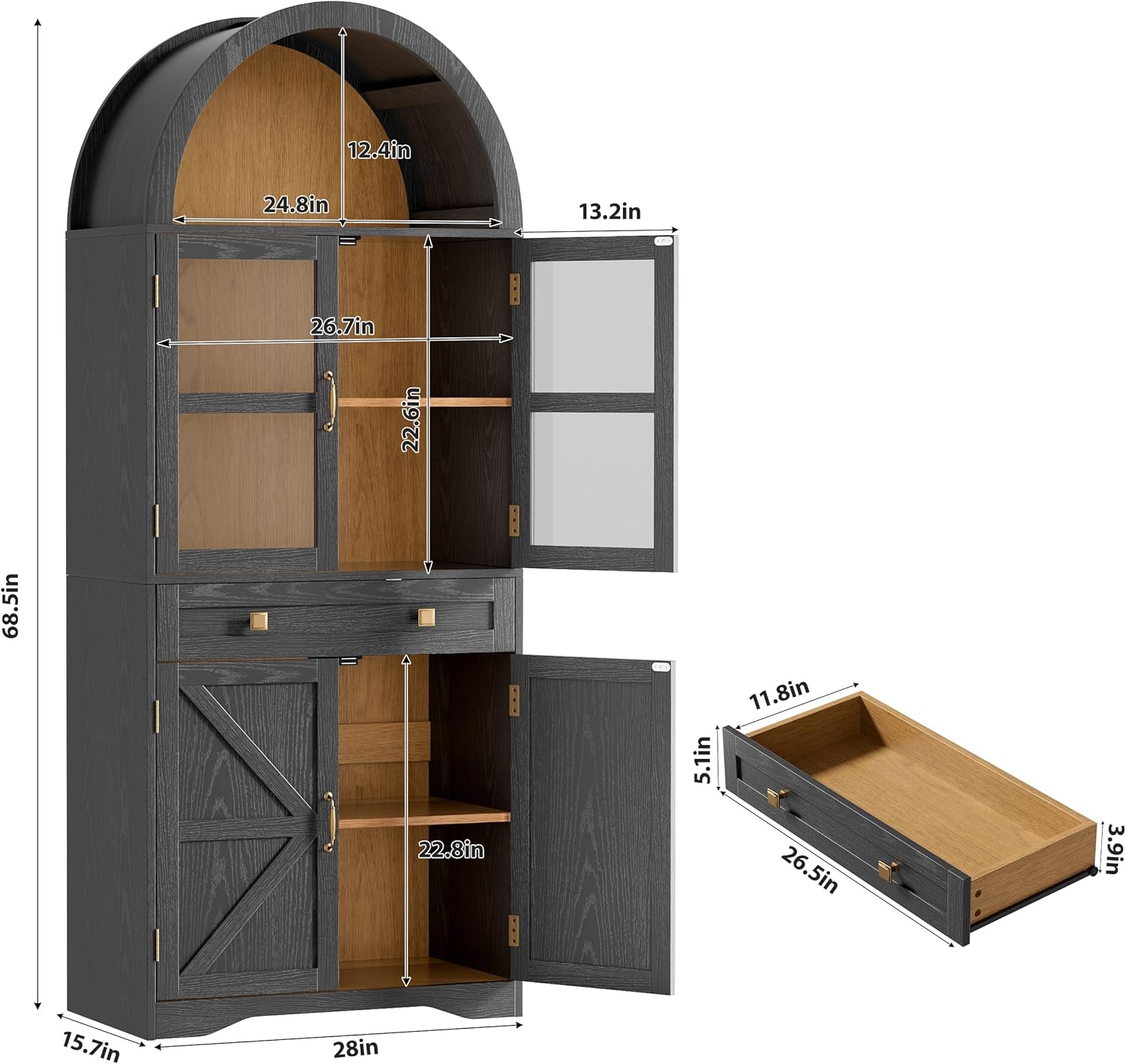 Maupvit 68.5" Tall Arched Kitchen Pantry, Kitchen Cabinet with Glass Doors, Storage Cabinet with Large Drawer and Adjustable Shelf for Dining Room, Living Room (Black)