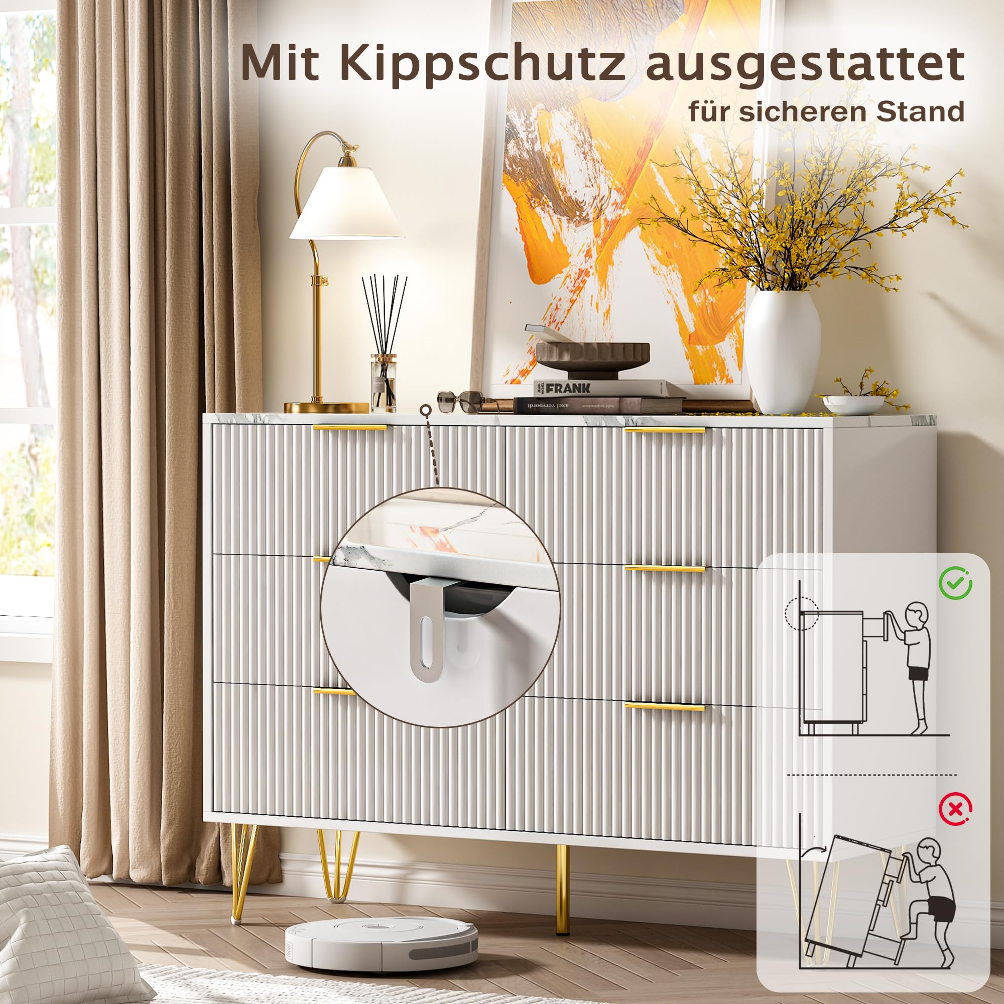 Kommode mit 6 Schubladen aus Massivholz, Moderne Komodenschrank 100 cm Breit aus Gerilltem, Chest of Drawers mit Goldenen Griffen, Schrank mit Marmorimitat für den Flur (Weiß)