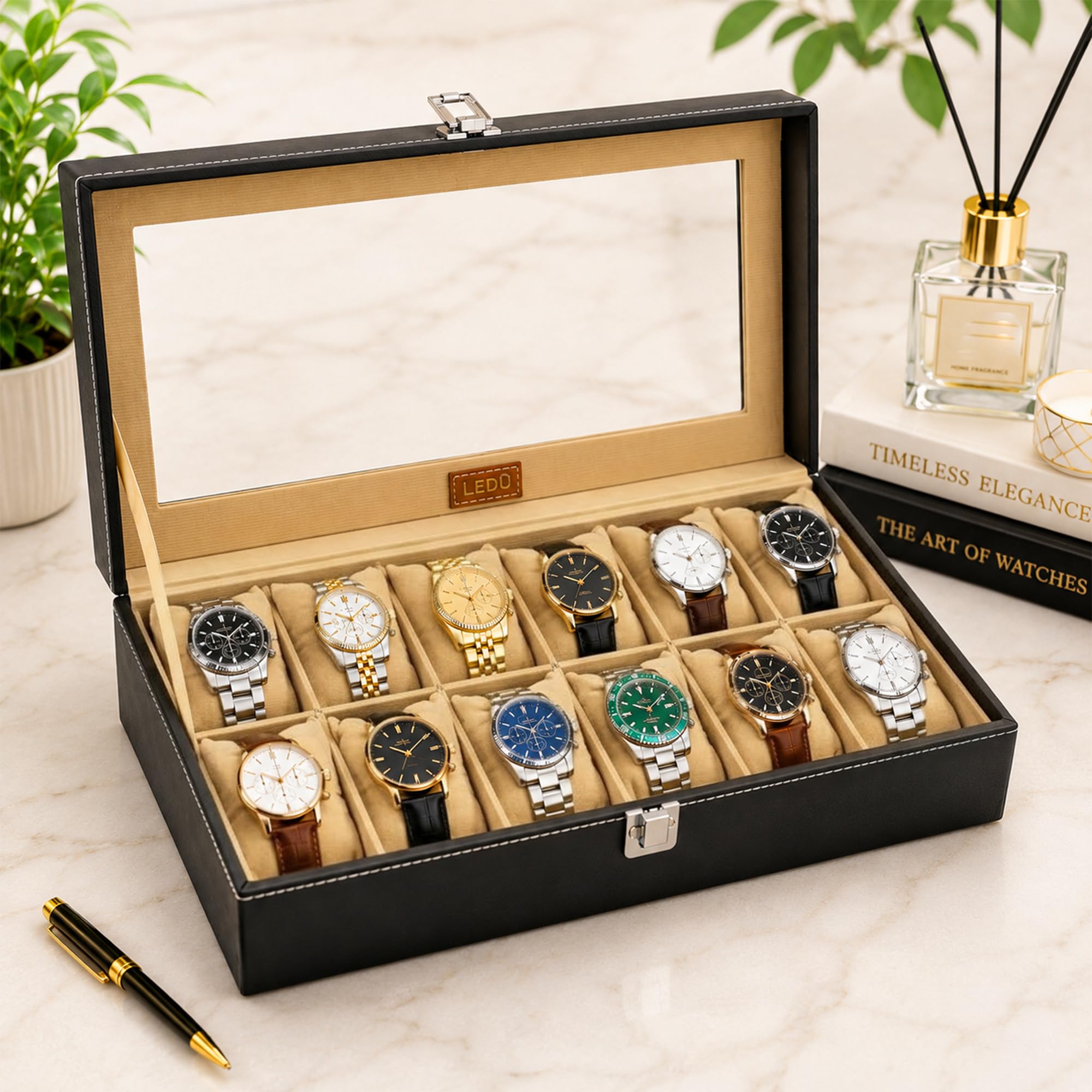 LEDO Men's and Women's Watch Box Holder Organizer Case In 12 Slots of watches In PU Leather Transparent Display with Black & Cream Color