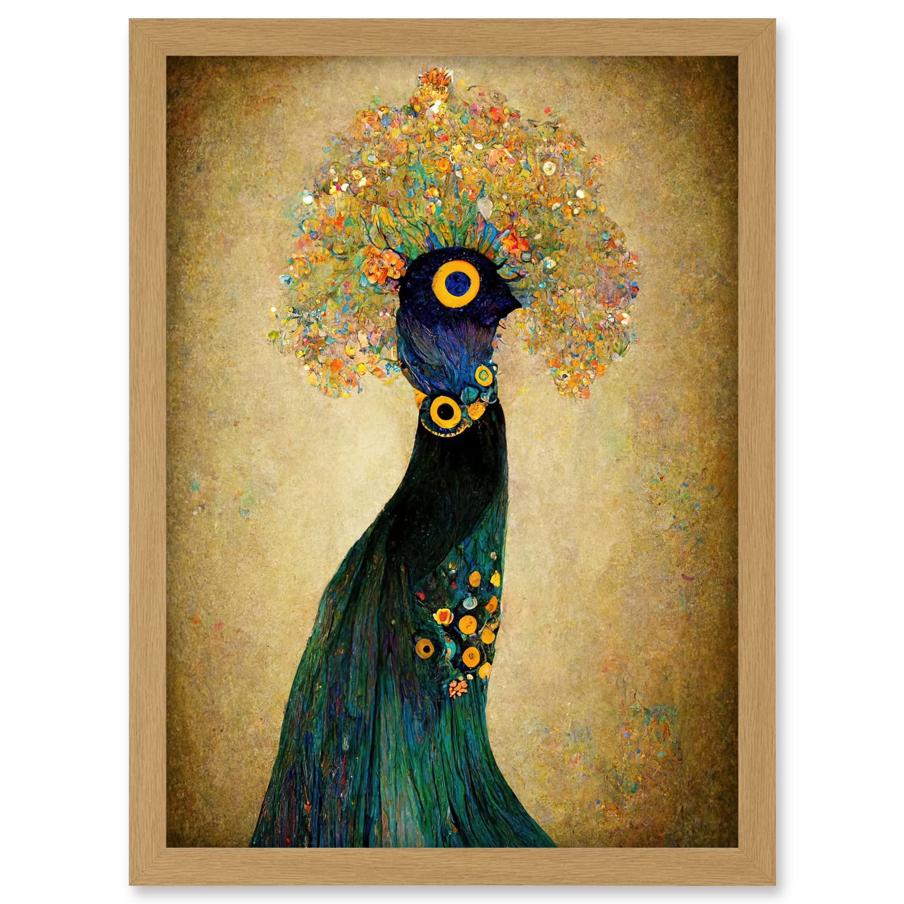 Doppelganger33 LTD Elegant Peacock Portrait In Emerald And Gold Gustav Klimt Artwork Framed A3 Wall Art Print