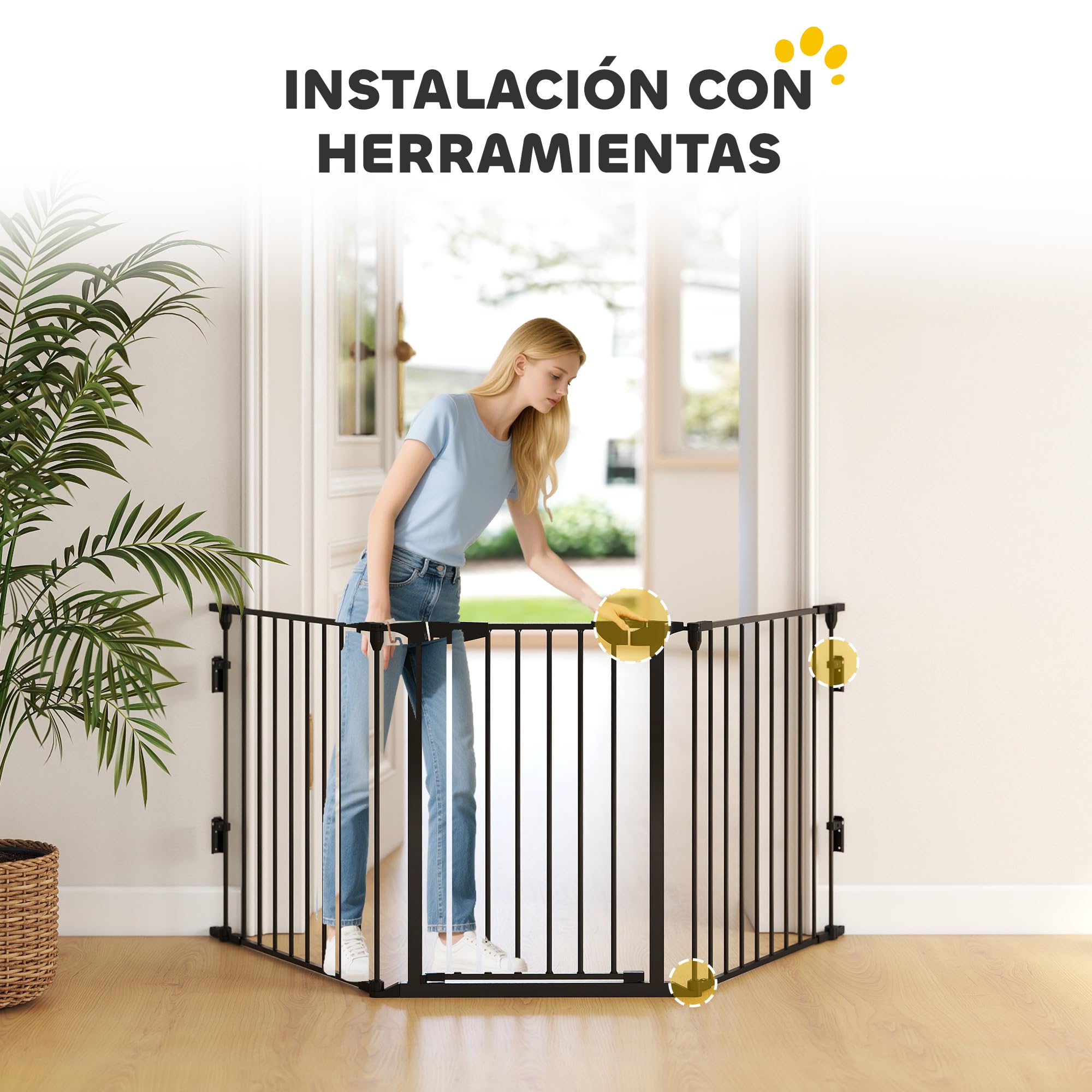 PawHut Barrera para Perros Plegable 300x74,5 cm Valla para Mascotas de 5 Paneles con Cierre Automático Barrera de Seguridad para Escalera Pasillo Negro
