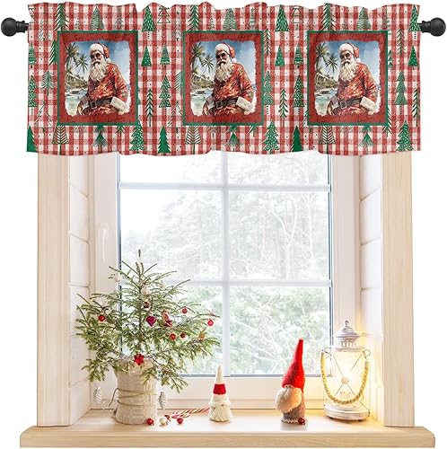 Valance Curtains for Living Room 54 x 18 inch, Green Xmas Tree Red Plaid Christmas Rod Pocket Window Curtains Valance for Bathroom Bedroom Home