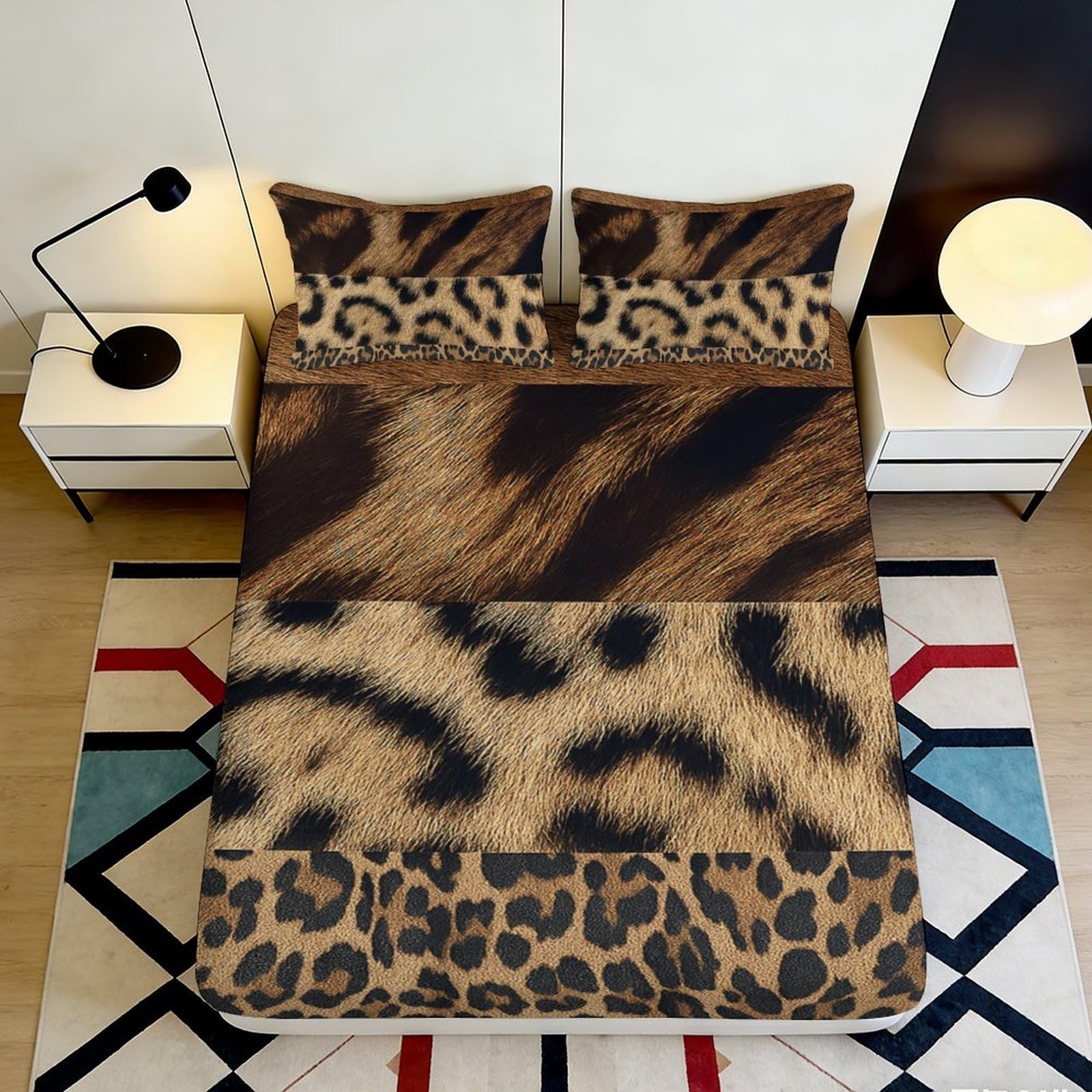 3D Printed Leopard Print Fitted Sheet Microfiber Soft Durable Brown Animal Pattern Mattress Cover for Bedroom Dormitory Guest Room Protection 90x200x25cm
