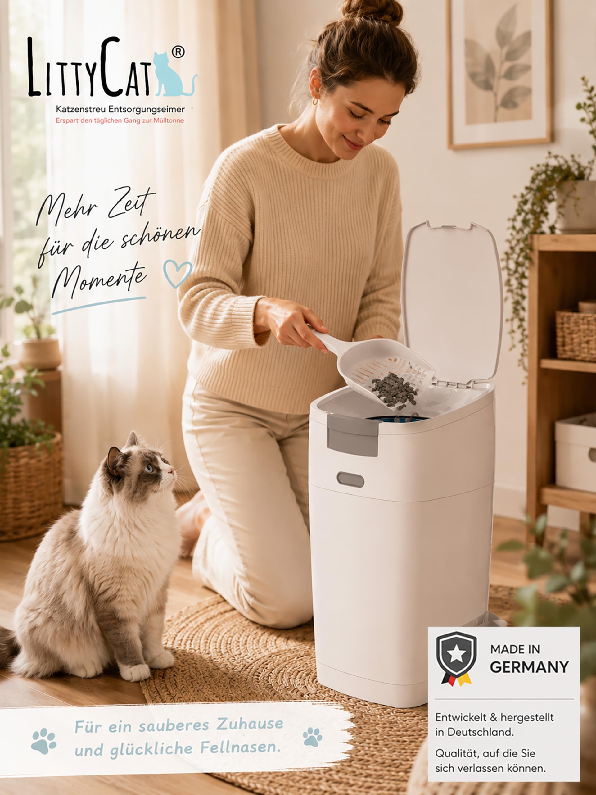 Littycat® Katzenstreu Eimer inkl. Schaufel & 1 Nachfüllkassetten • Geruchsdichter Entsorgungseimer für Katzenstreu • klick System mit Einhandbedienung • Katzenklo Mülleimer