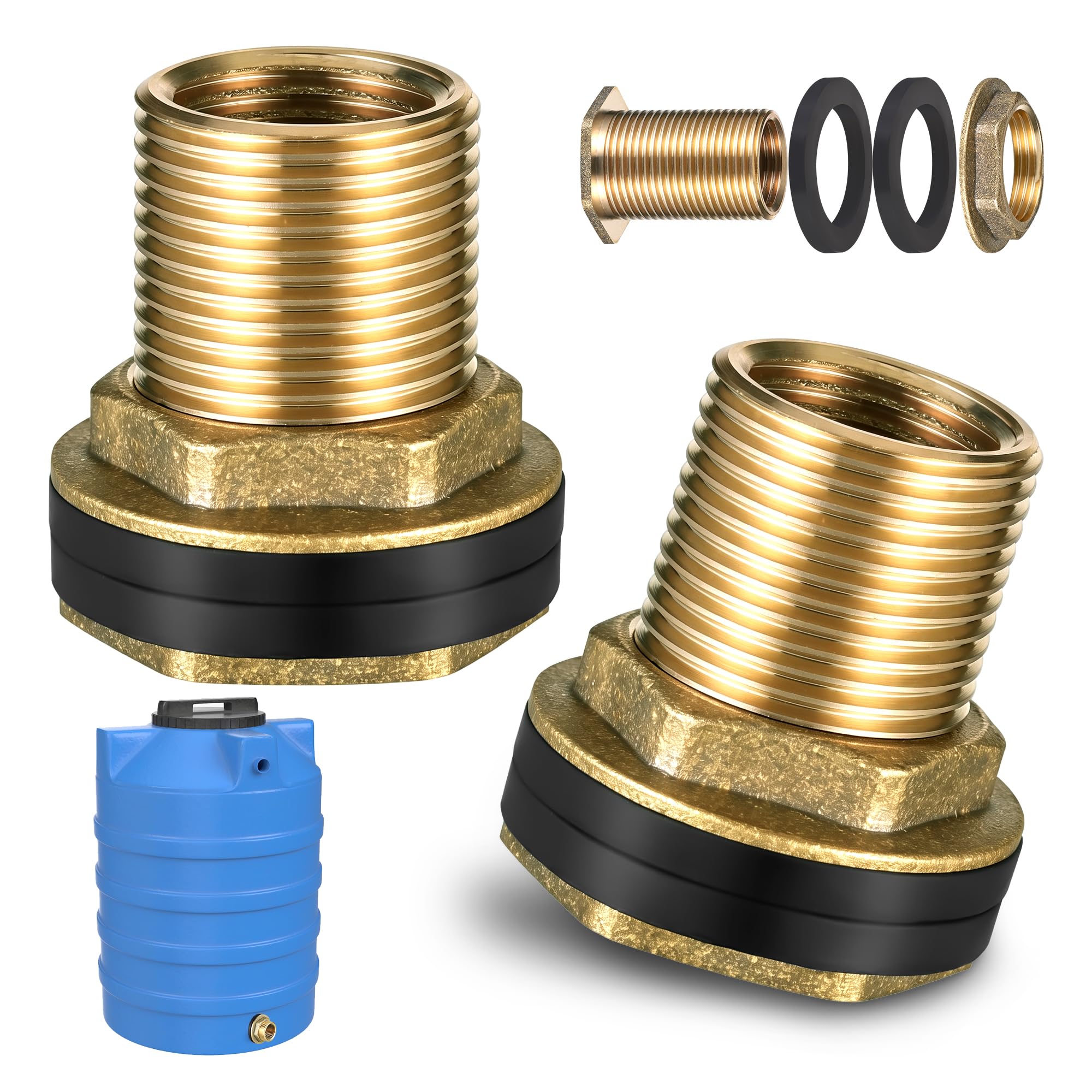 Zocipro 2 Pack Brass Bulkhead Fittings for Rain Barrels, Water Tank Connector with Rubber Seals, Double Threaded for Water Tanks and Barrels, 1/2" Female x 3/4" Male Thread