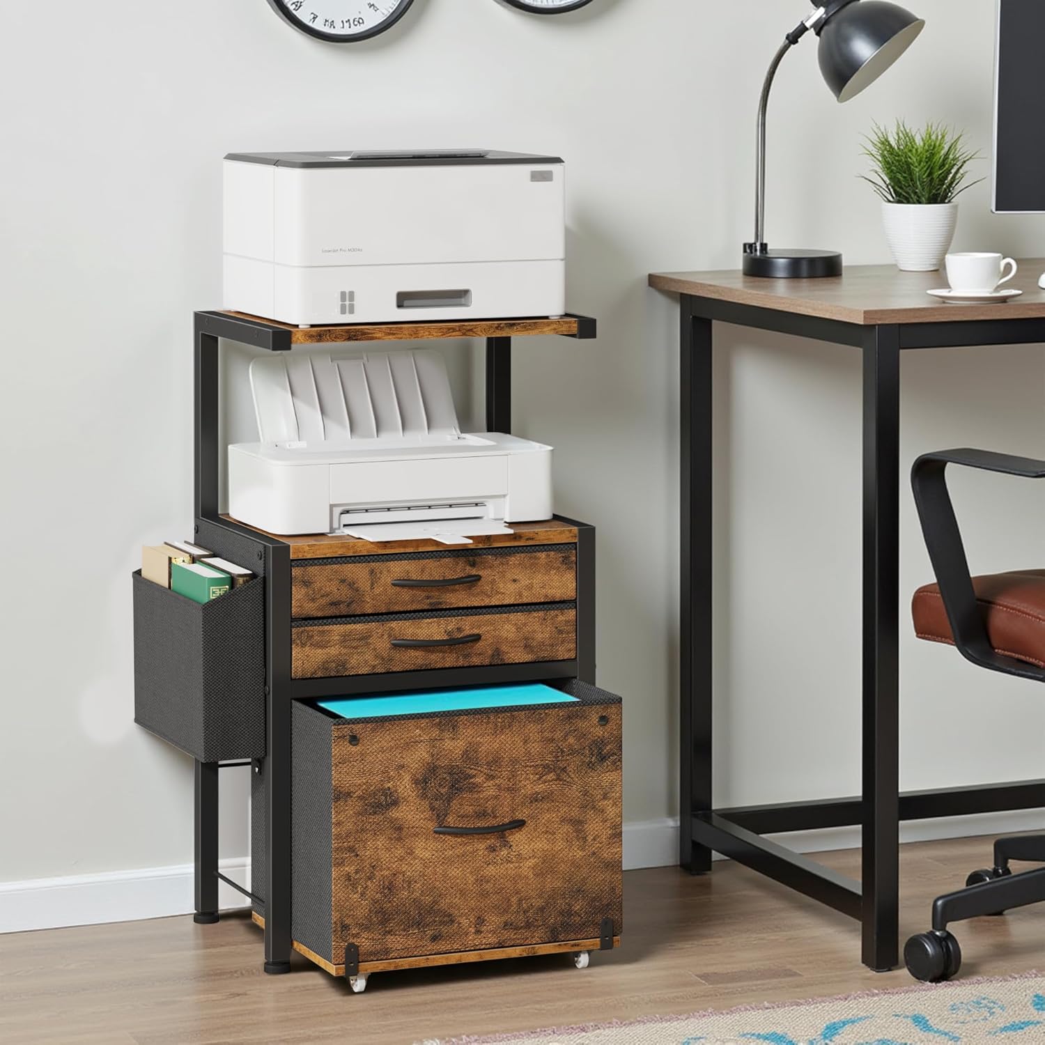 3-Drawer File Cabinet, Filing Cabinet with 2-Tier Printer Shelves, Office Cabinets with Side Bag&File Drawer for A4/Letter Size, Printer Stand with Storage for Home Office, Rustic Brown